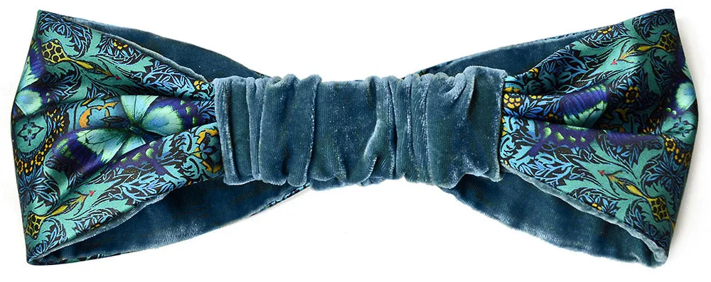 Blue Butterflies. Printed satin & silk-velvet headband - BLUE TEAL version