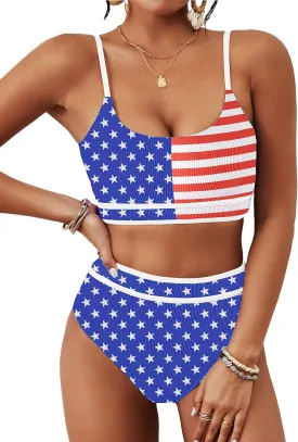 BMJL Women's High Waisted Bikini Ribbed Two Piece Swimsuit High Cut Color Block Adjustable Straps Bathing Suit