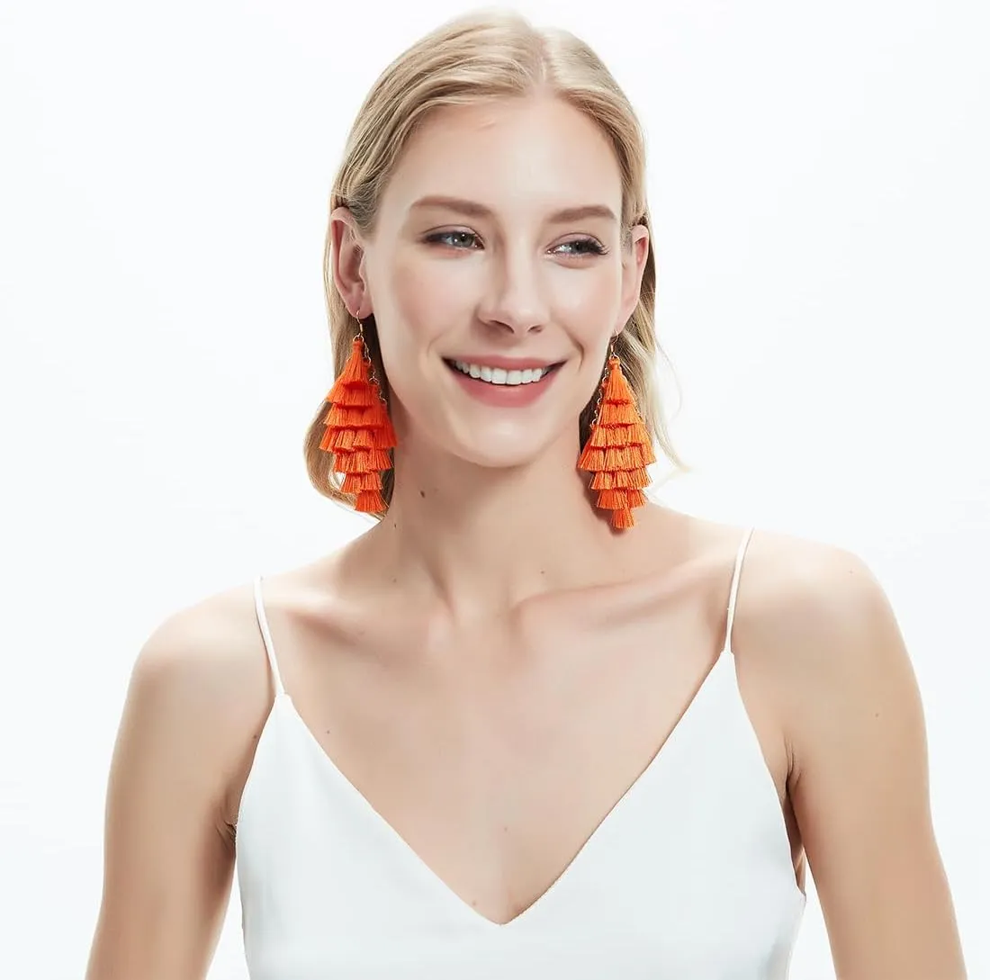 Boho Bohemian Handmade Large Big Long Chandelier Tassel Fringe Dangle Drop Earrings for Women