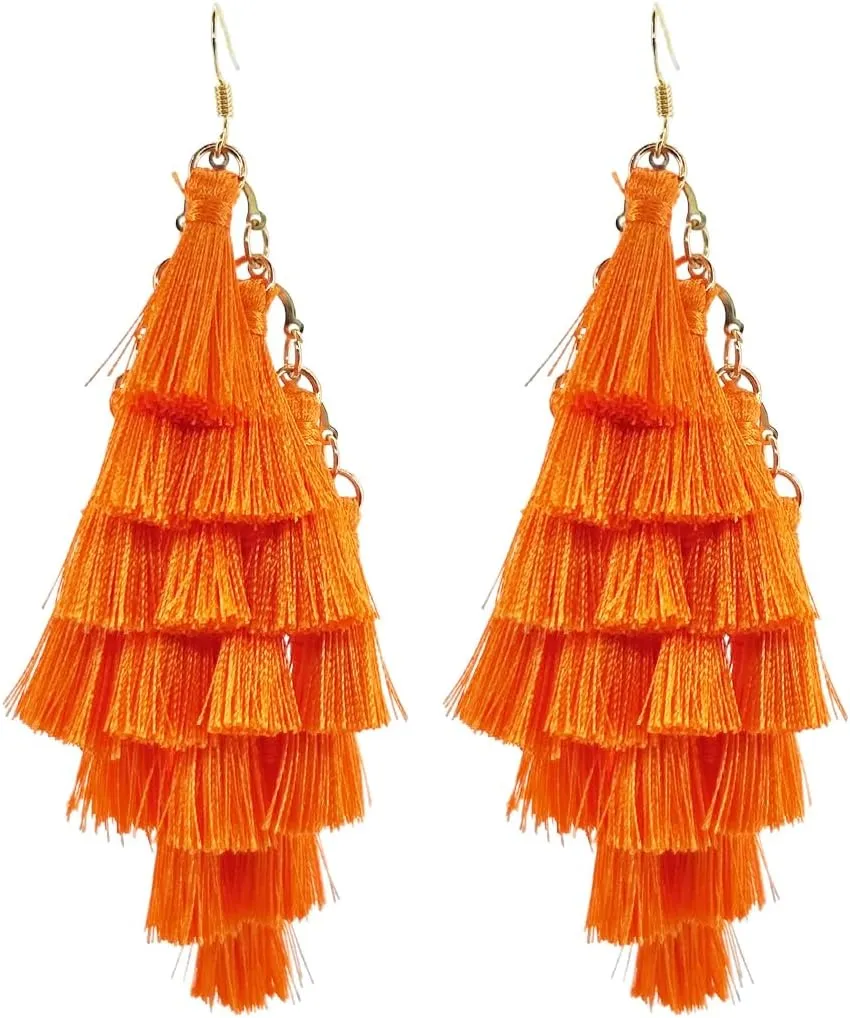 Boho Bohemian Handmade Large Big Long Chandelier Tassel Fringe Dangle Drop Earrings for Women