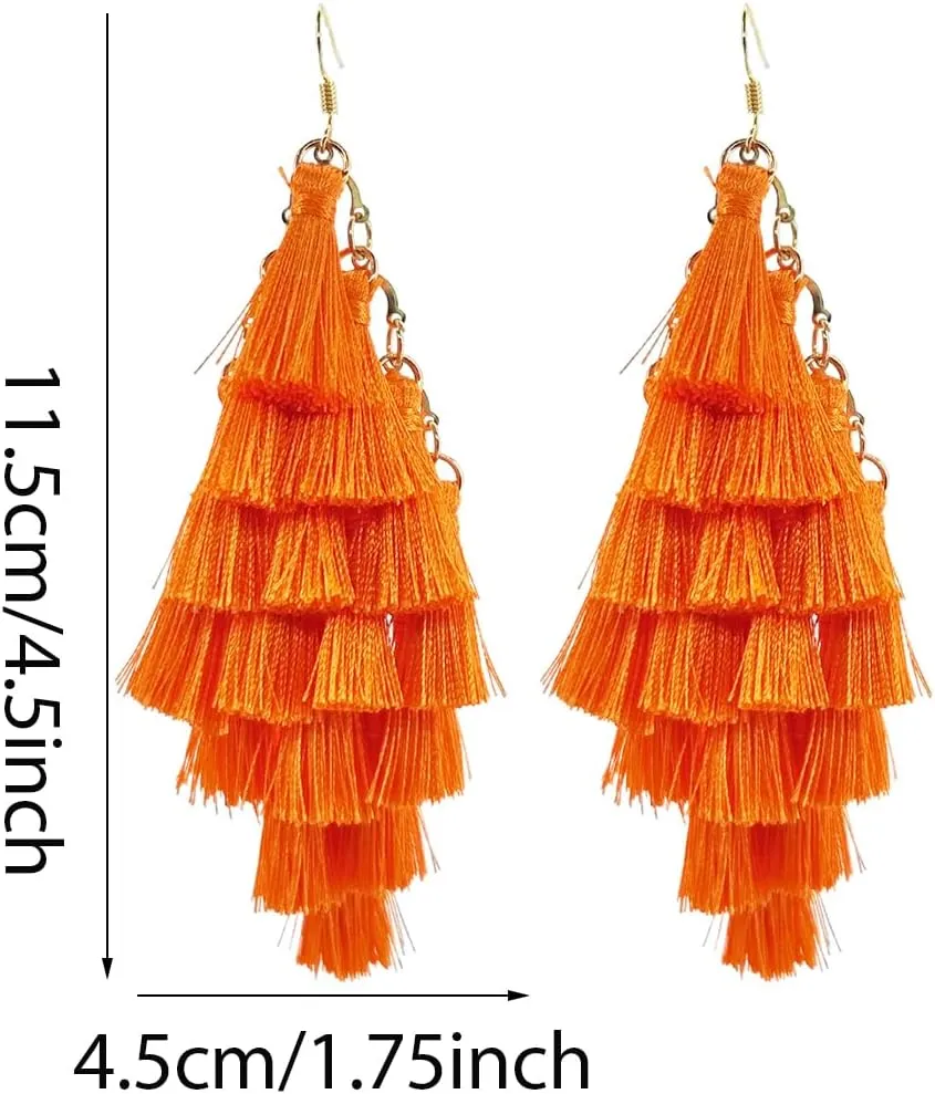 Boho Bohemian Handmade Large Big Long Chandelier Tassel Fringe Dangle Drop Earrings for Women