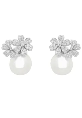 Bouquet And Pearl Stud Earrings Silver