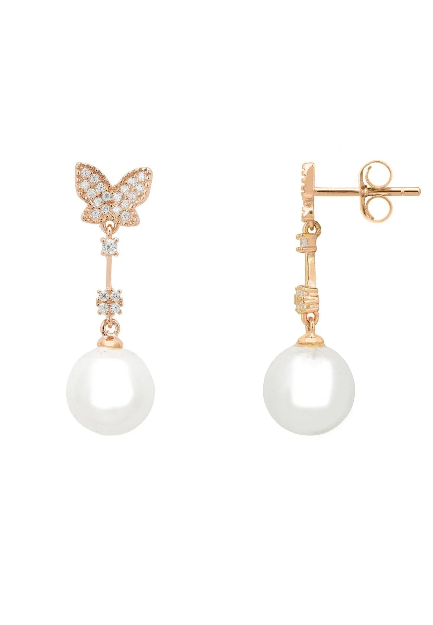 Butterfly Pearl Drop Earrings Rosegold