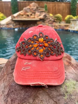 Calla Distressed Jeweled Detail Cap - Brick