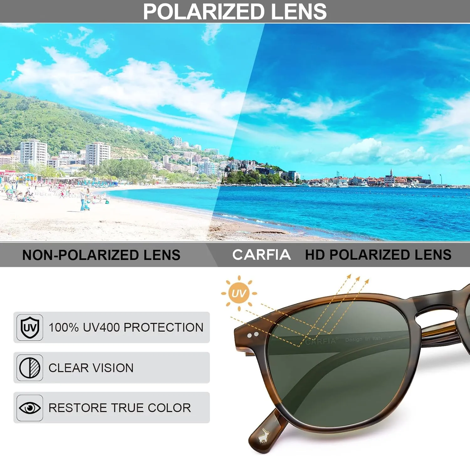 CARFIA Acetate Polarized Sunglasses for Men UV Protection Hand-Crafted Frame CA5285L