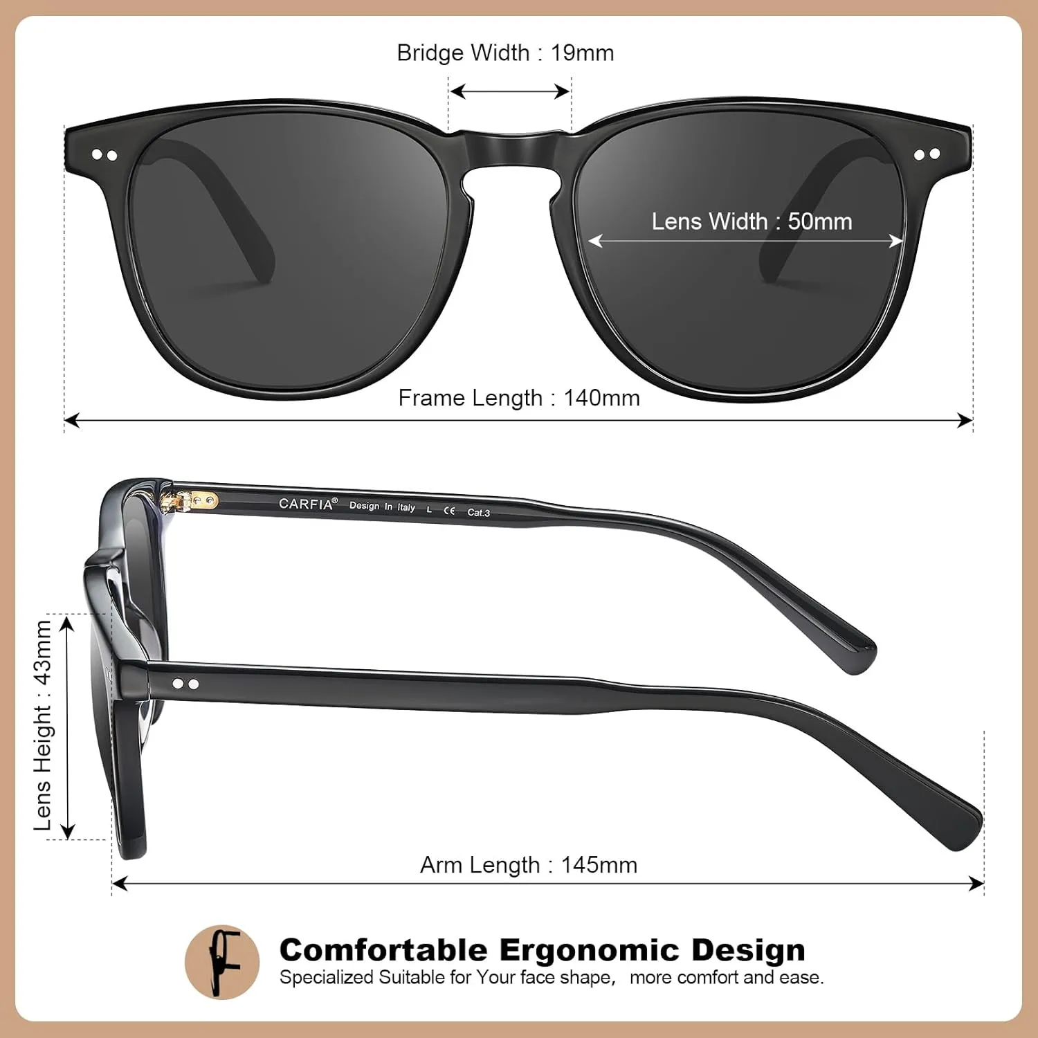 CARFIA Acetate Polarized Sunglasses for Men UV Protection Hand-Crafted Frame CA5285L