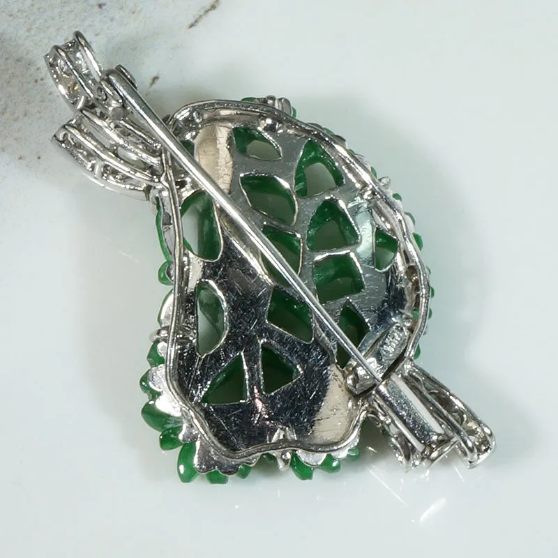 Carved Green Jade & Diamonds in Mid-Century Gold Brooch