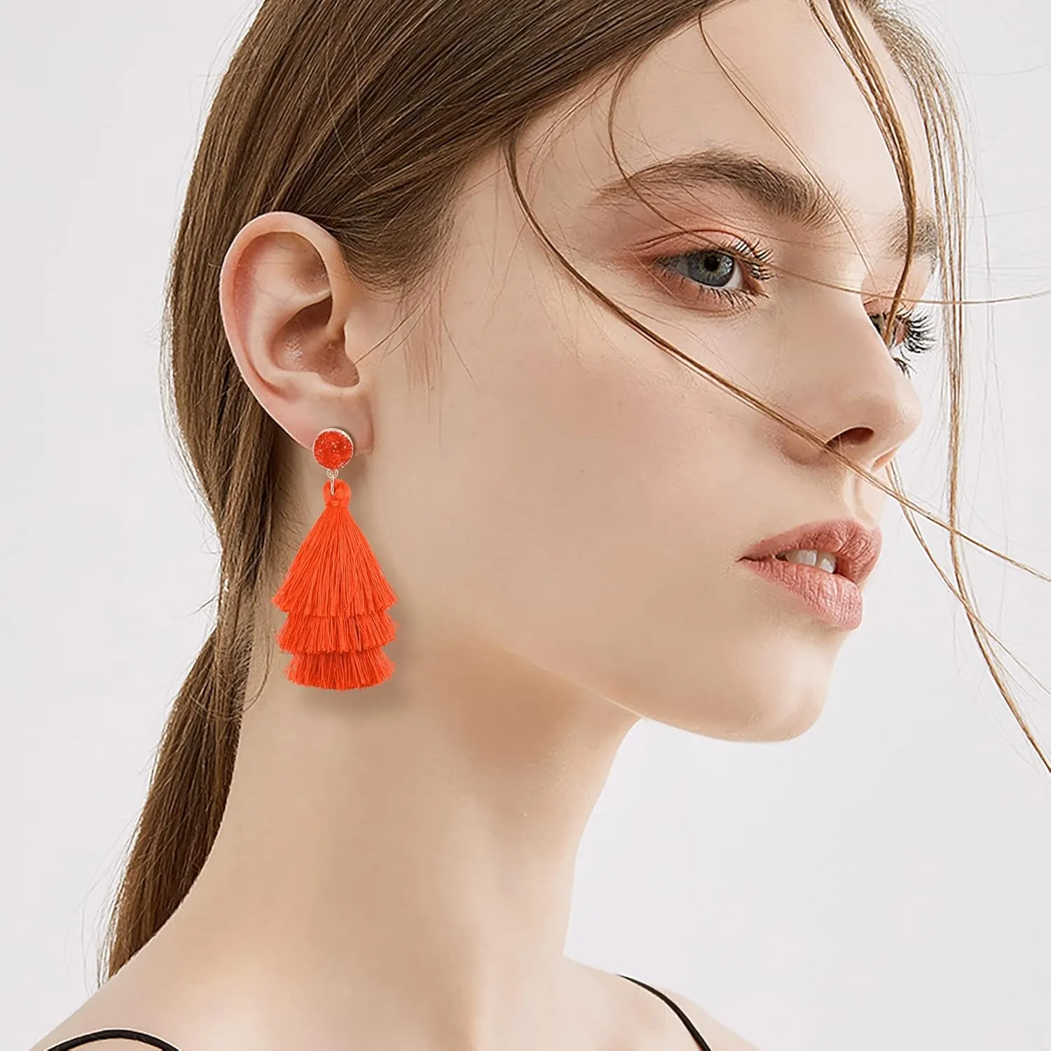 CASSIECA Tassel Statement Earrings for Women Clip On Drop Earrings Colorful Bohemian Tiered Tassel Druzy Dangle Drop Earrings Non Piercing Jewelry Birthday Christmas Valentines Day Gift