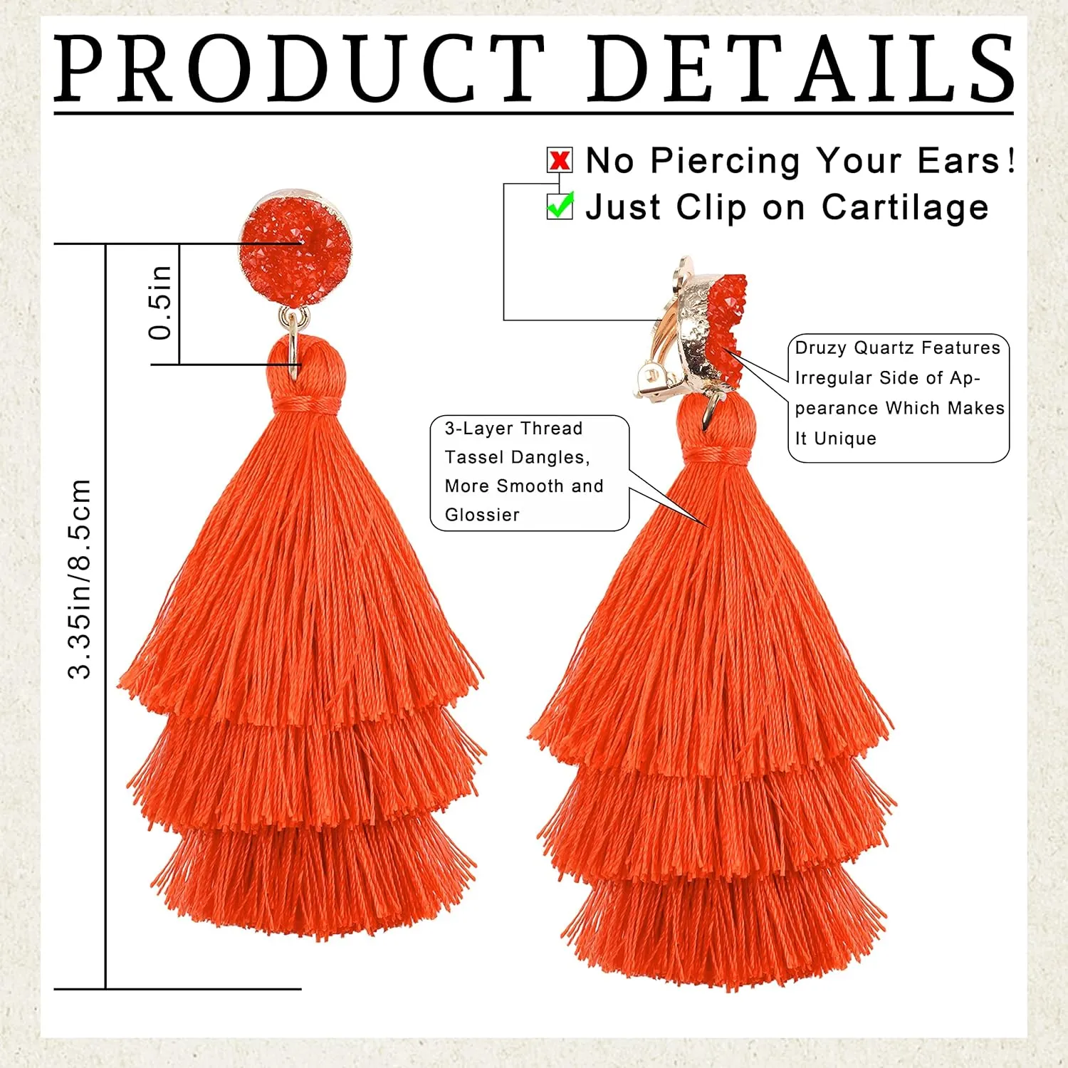 CASSIECA Tassel Statement Earrings for Women Clip On Drop Earrings Colorful Bohemian Tiered Tassel Druzy Dangle Drop Earrings Non Piercing Jewelry Birthday Christmas Valentines Day Gift