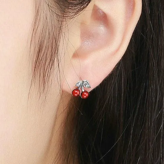 Cherries Stud Earrings CZ and Sterling Silver
