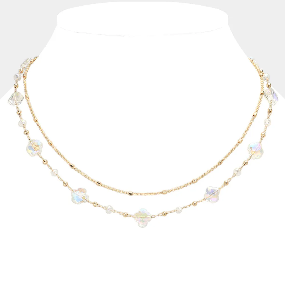 Clear Gold Faceted Quatrefoil Beaded Station Layered Chain Necklace
