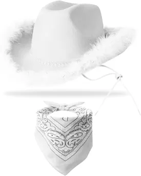 Cowboy Hat with Bandana - Feather Boa Cowgirl Hat for Women & Men,Bachelorette Party Halloween Dress-Up