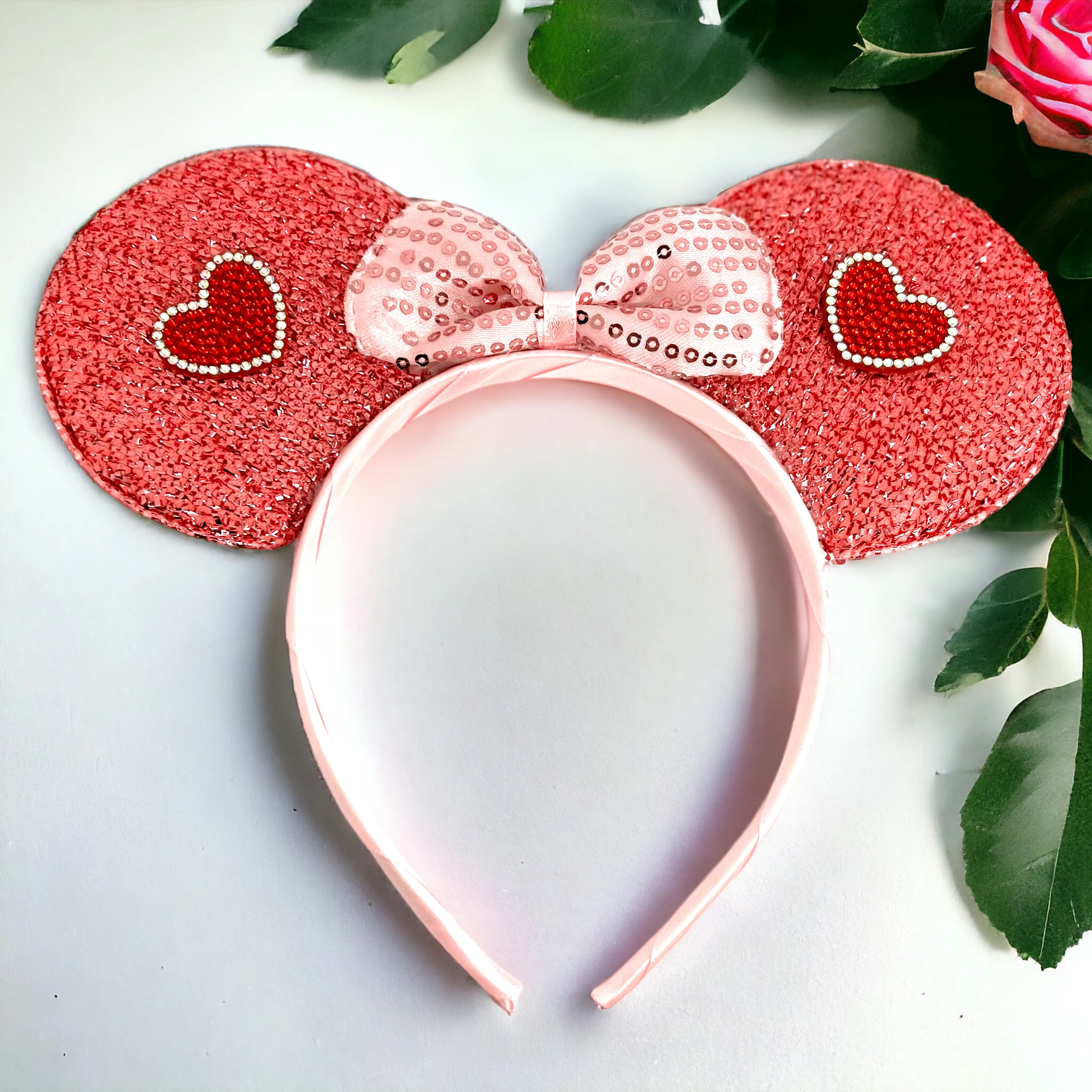 Disney Inspired Mouse Ears Headband w/ Pink Sequin Bow - Valentine’s Day Edition
