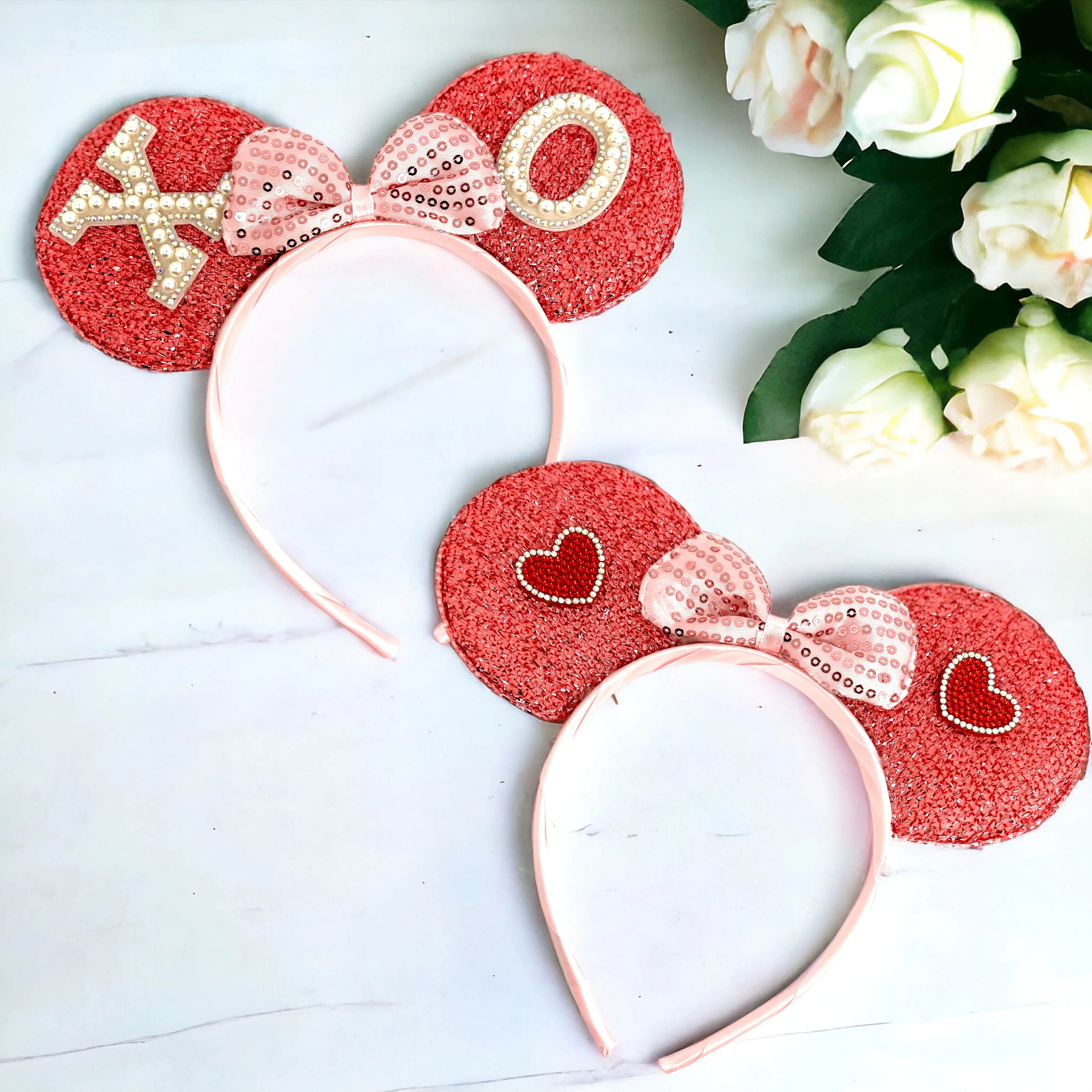 Disney Inspired Mouse Ears Headband w/ Pink Sequin Bow - Valentine’s Day Edition