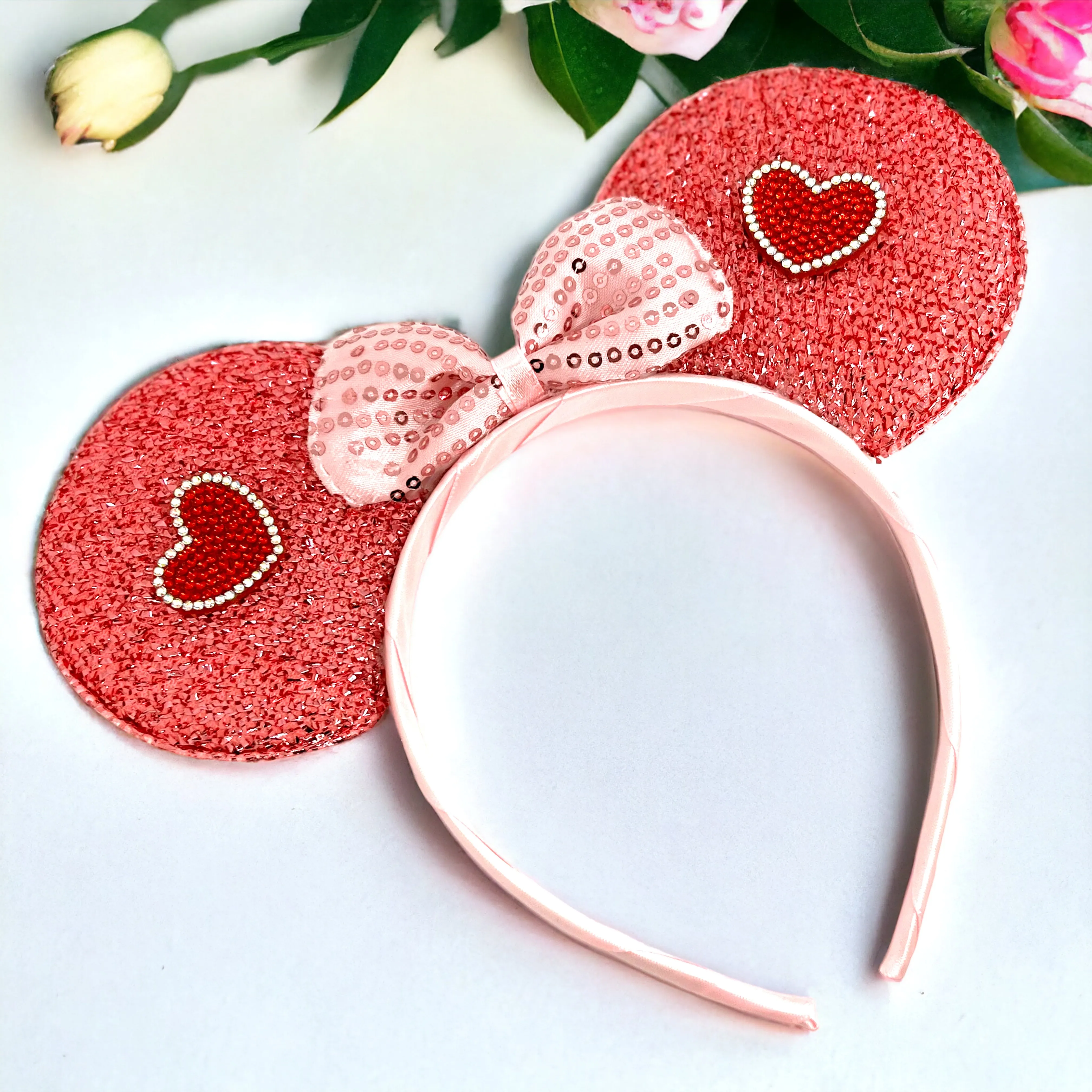 Disney Inspired Mouse Ears Headband w/ Pink Sequin Bow - Valentine’s Day Edition