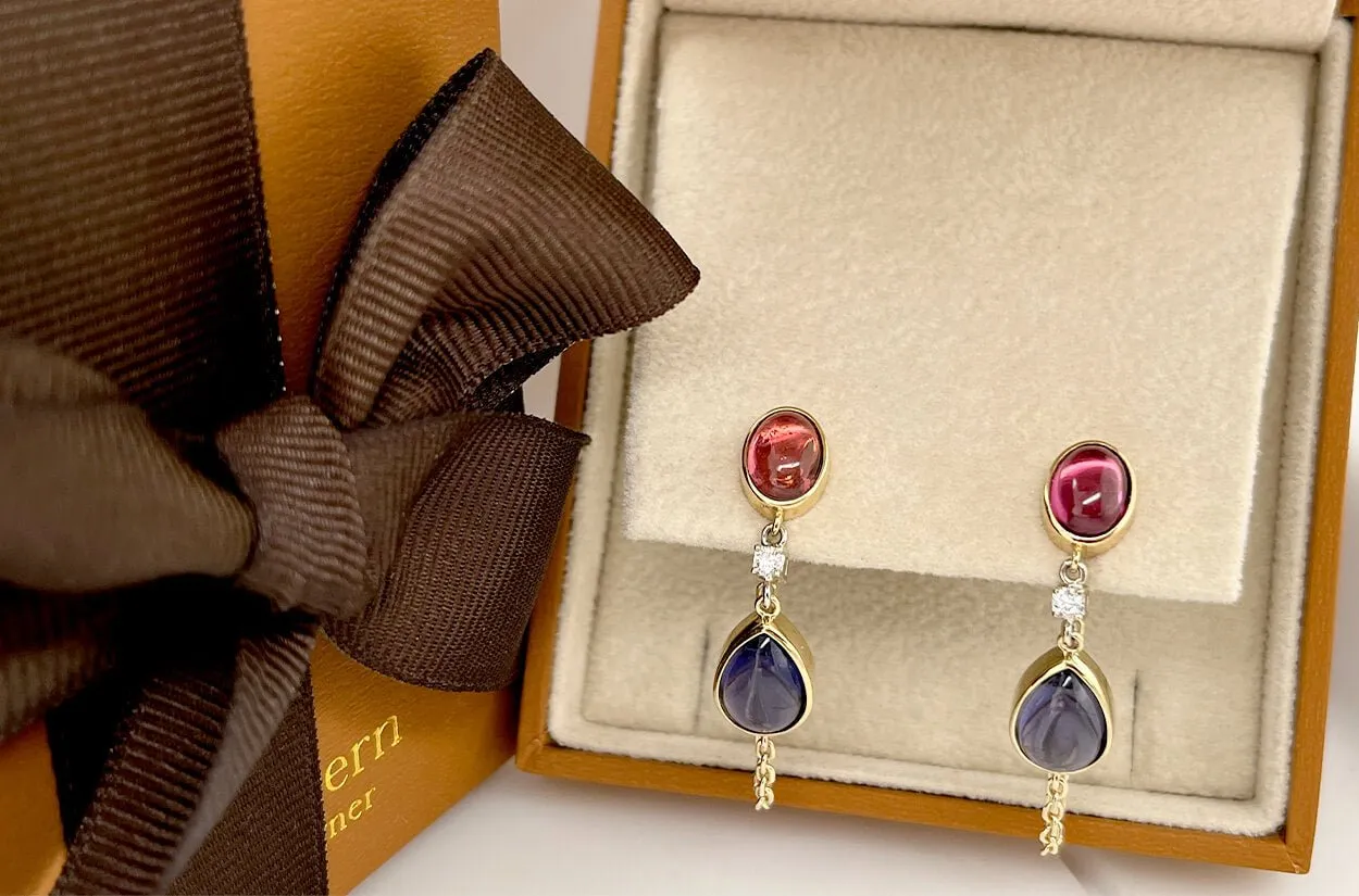 Earrings 18kt Gold Iolite & Tourmaline Chain Studs Drop