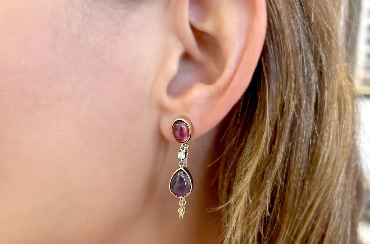 Earrings 18kt Gold Iolite & Tourmaline Chain Studs Drop