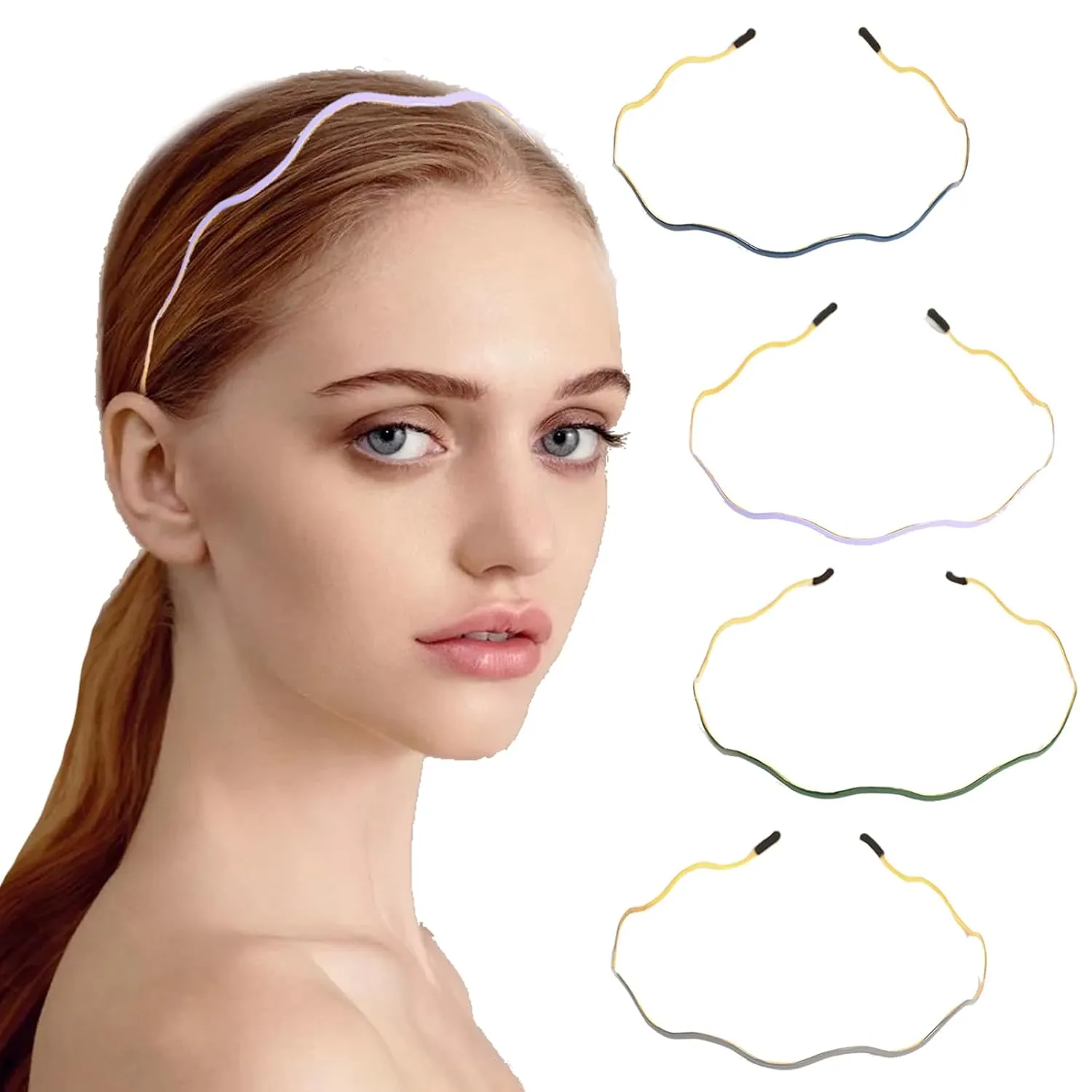 Elegant 4 Pack Gold Metal Thin Hairbands. Elastic Hair Bands for Teens & Women Ideal For Parties And Special Occasions (1 blue 1 purple 1 green 1 grey)