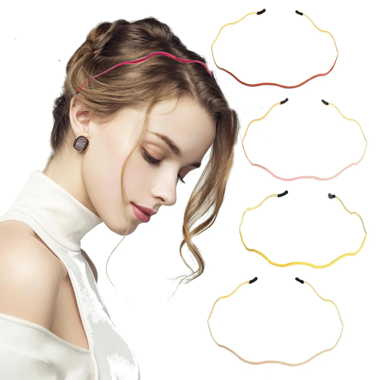 Elegant 4 Pack Gold Metal Thin Hairbands. Elastic Hair Bands for Teens & Women Ideal For Parties And Special Occasions (1 red 1 pink 1 yellow 1 coffee)