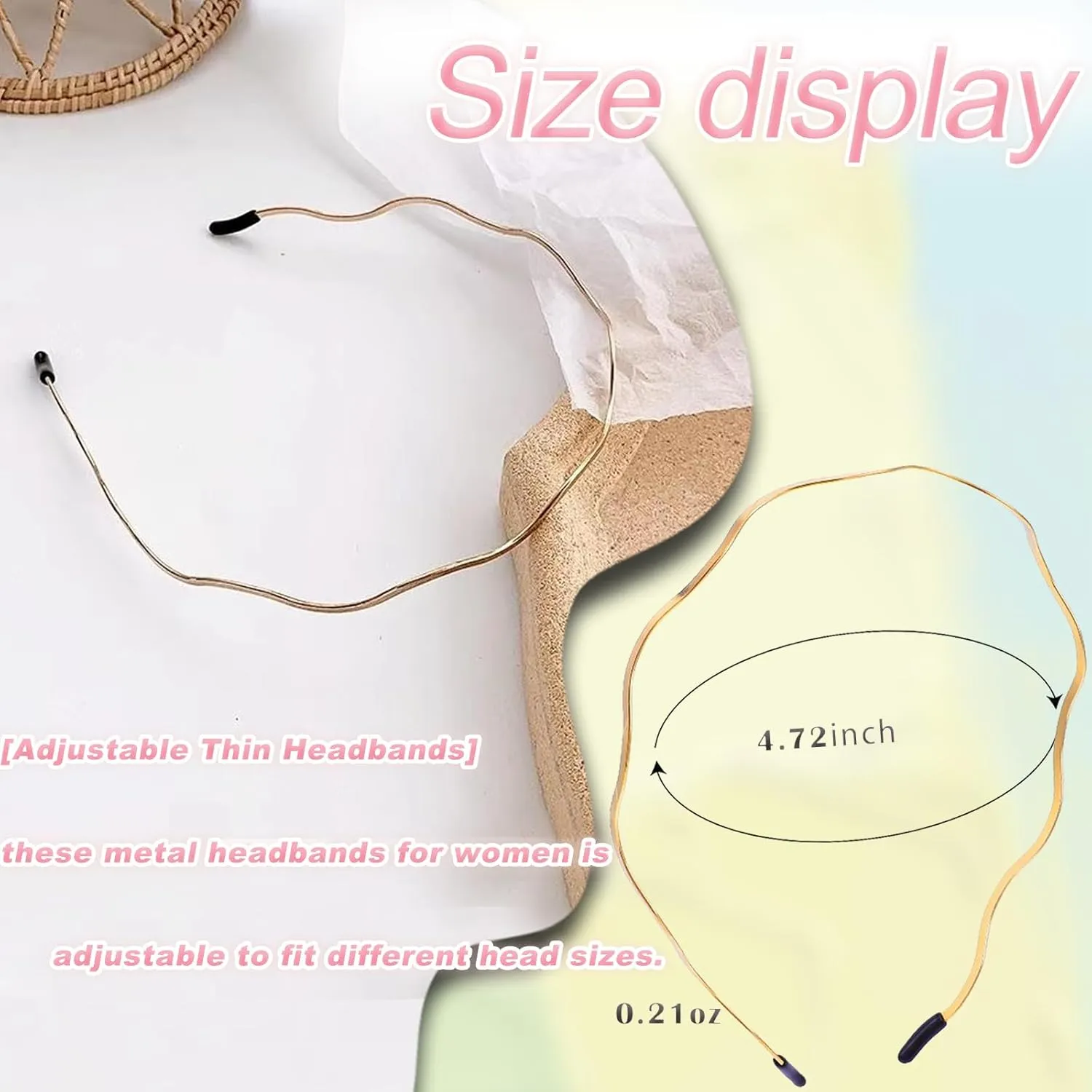 Elegant 4 Pack Gold Metal Thin Hairbands. Elastic Hair Bands for Teens & Women Ideal For Parties And Special Occasions (1 red 1 pink 1 yellow 1 coffee)