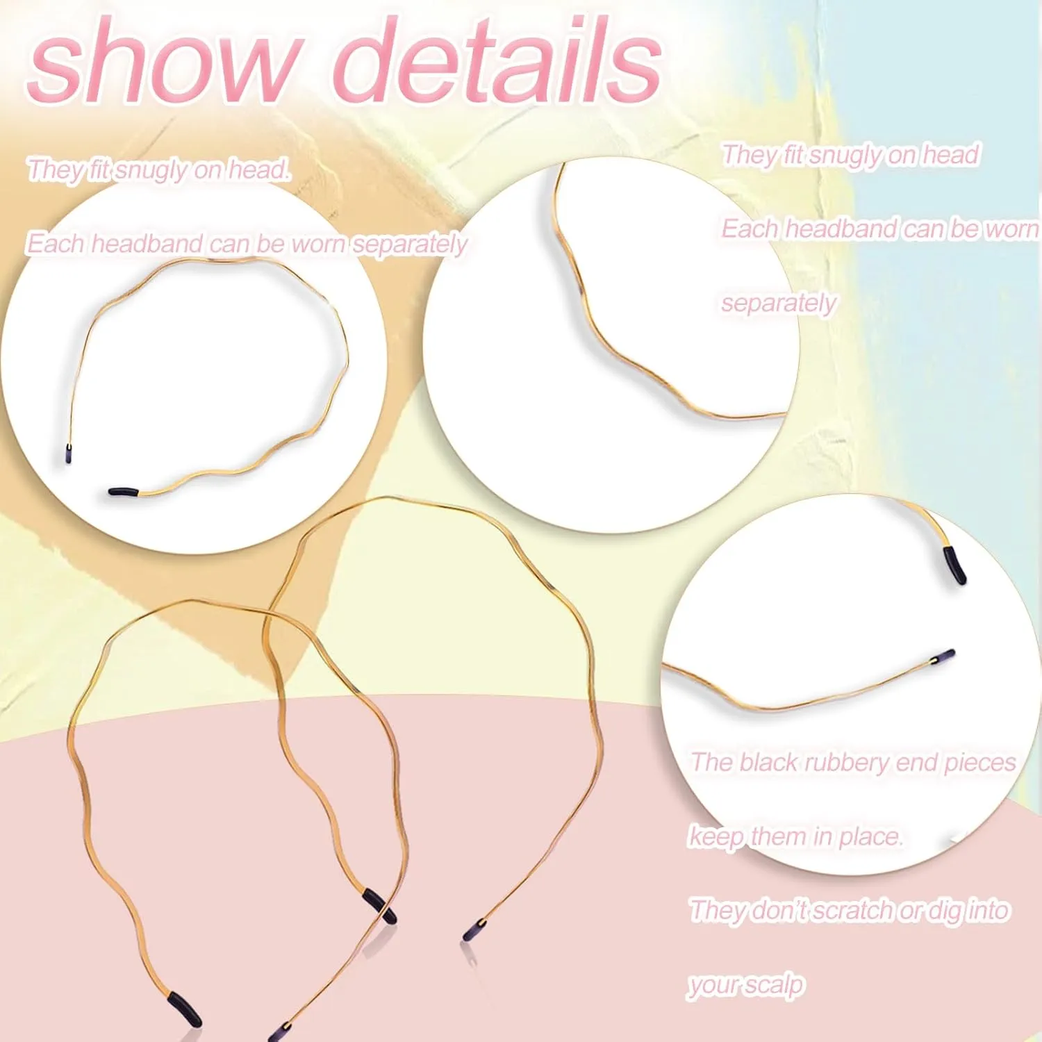 Elegant 4 Pack Gold Metal Thin Hairbands. Elastic Hair Bands for Teens & Women Ideal For Parties And Special Occasions (1 red 1 pink 1 yellow 1 coffee)