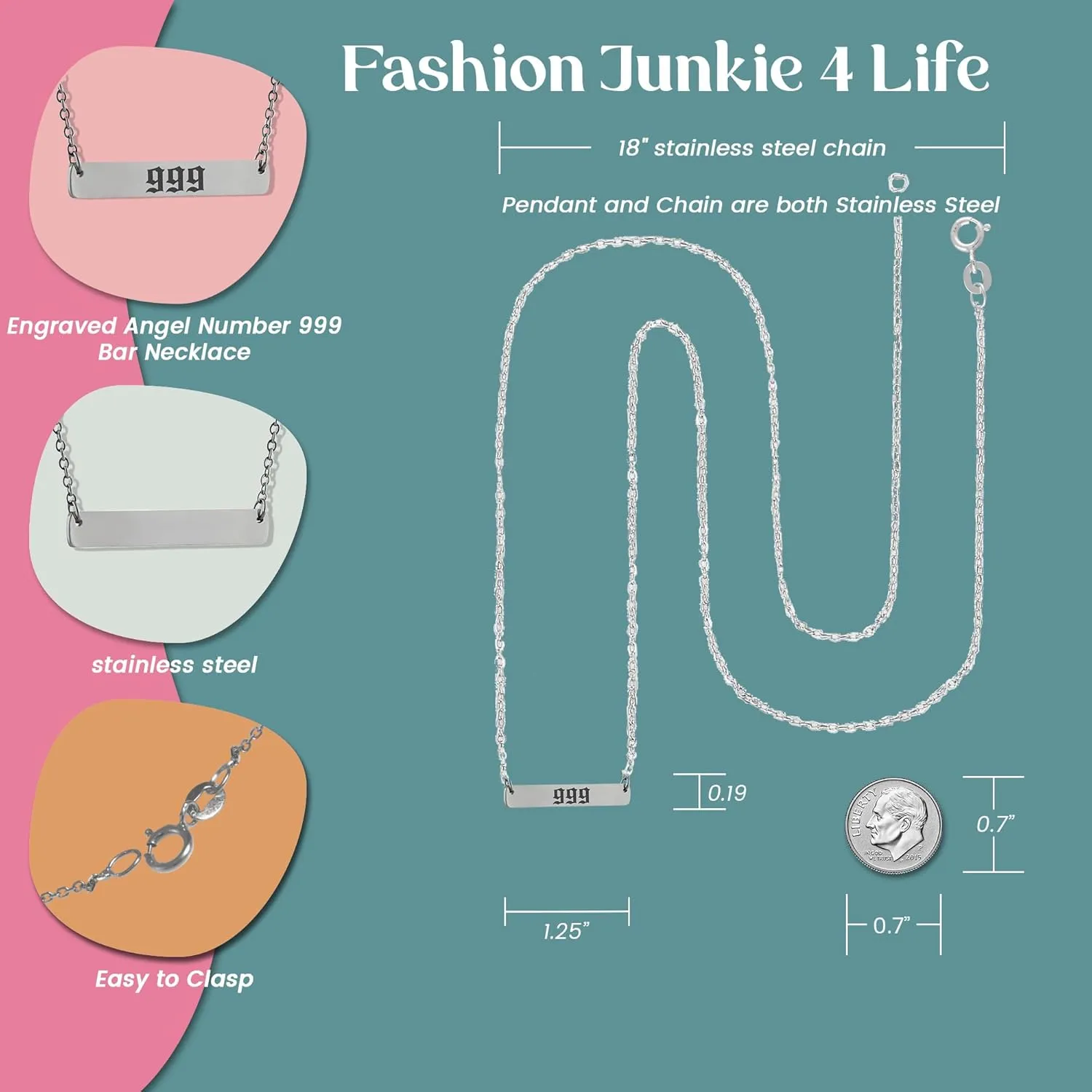FashionJunkie4Life Stainless Steel Bar Necklace | Laser Engraved Angel Number with 18" Chain | Numerology Gift for Women & Men