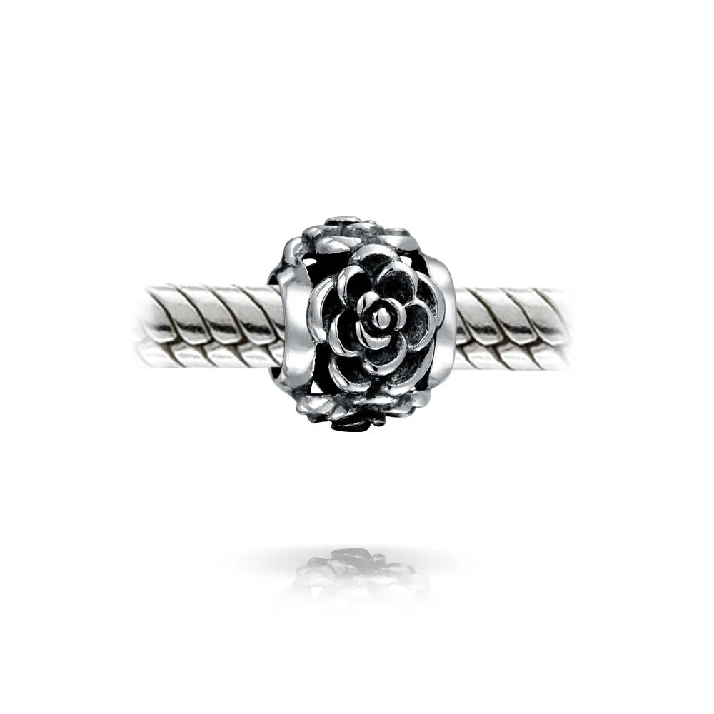Flower Garden Spring Floral Rose Swirl Charm Bead .925 Sterling Silver