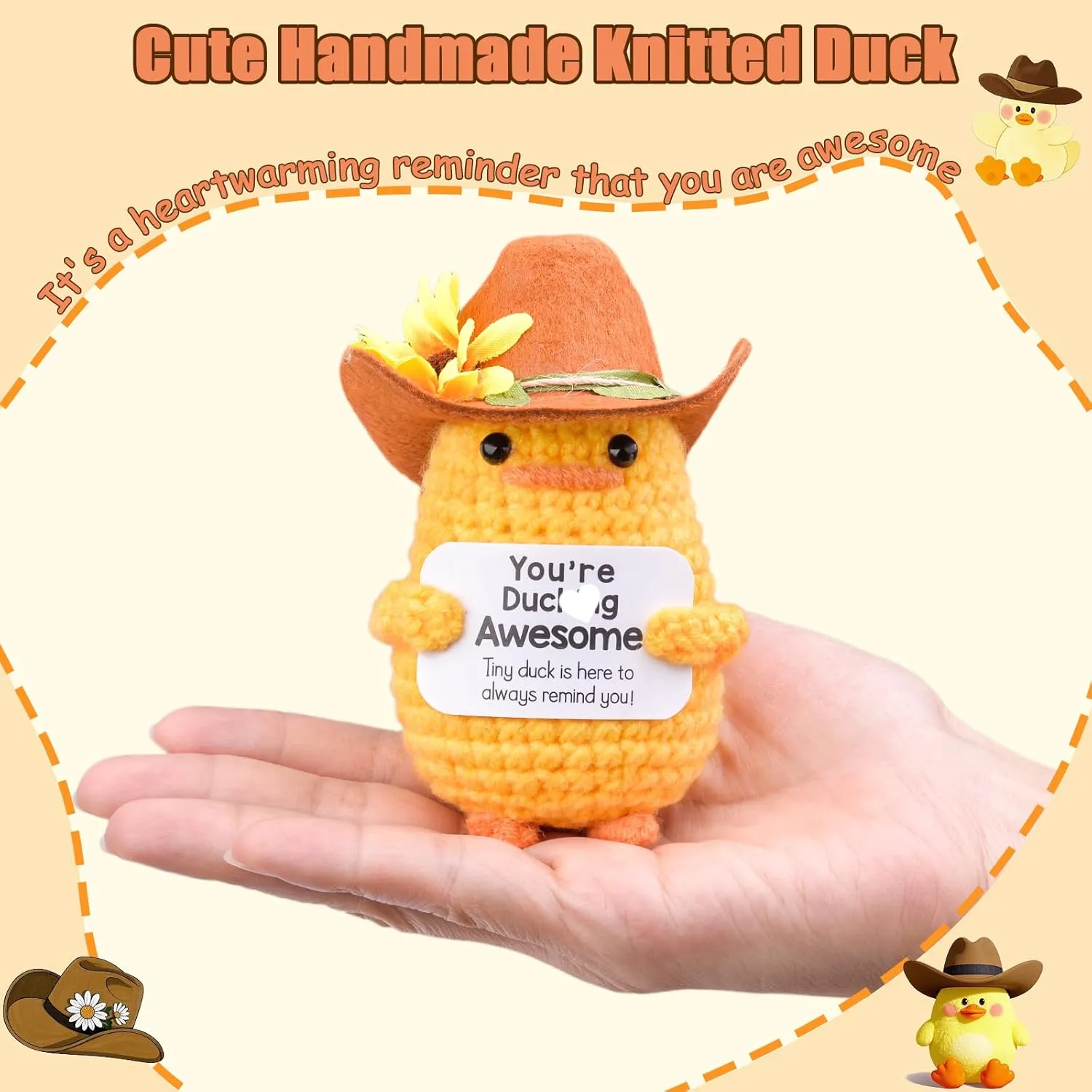 Funny Handmade Crochet Duck, Emotional Support Knitted Duck Inspirational Gifts with Cowboy Hat for Friends Coworkers