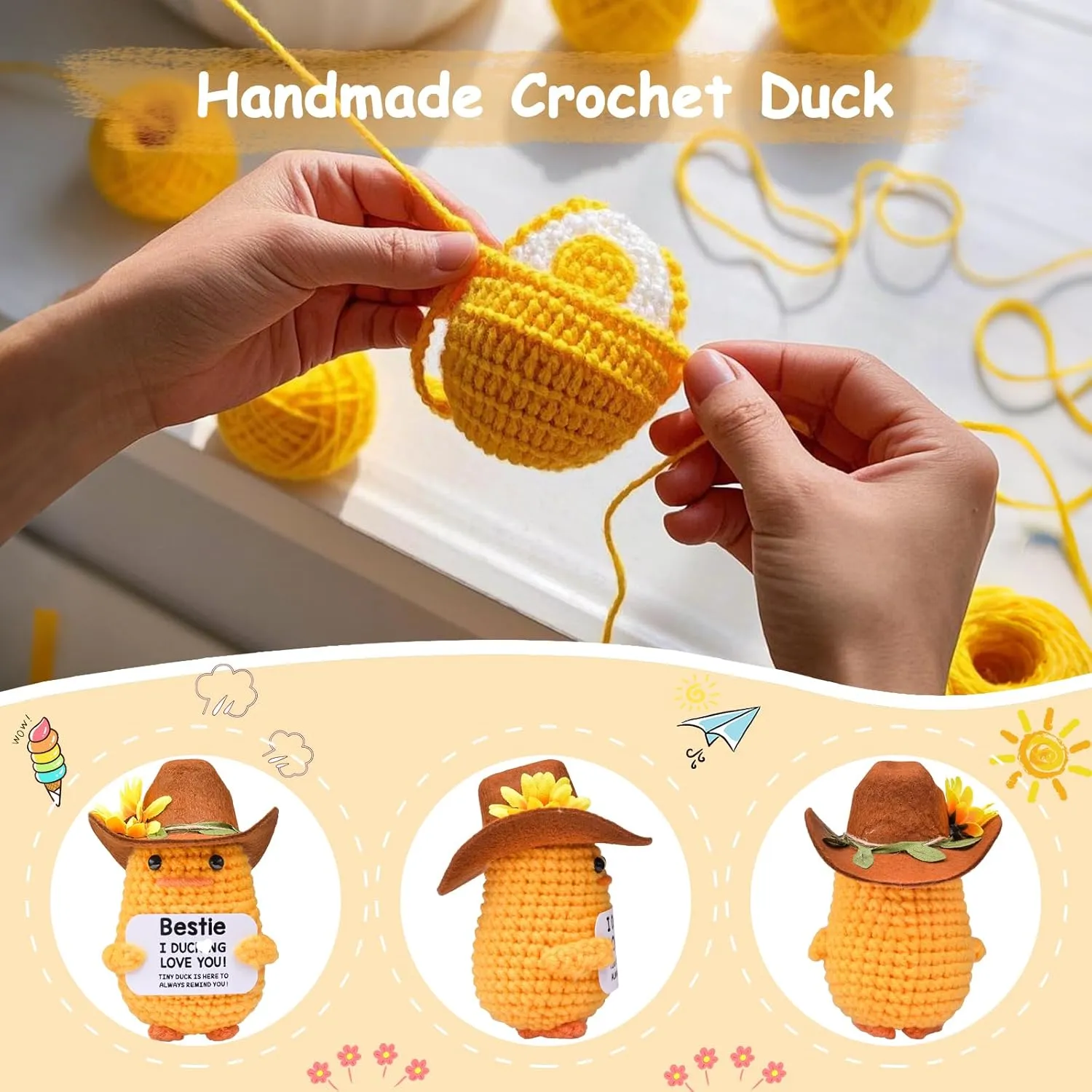 Funny Handmade Crochet Duck, Emotional Support Knitted Duck Inspirational Gifts with Cowboy Hat for Friends Coworkers