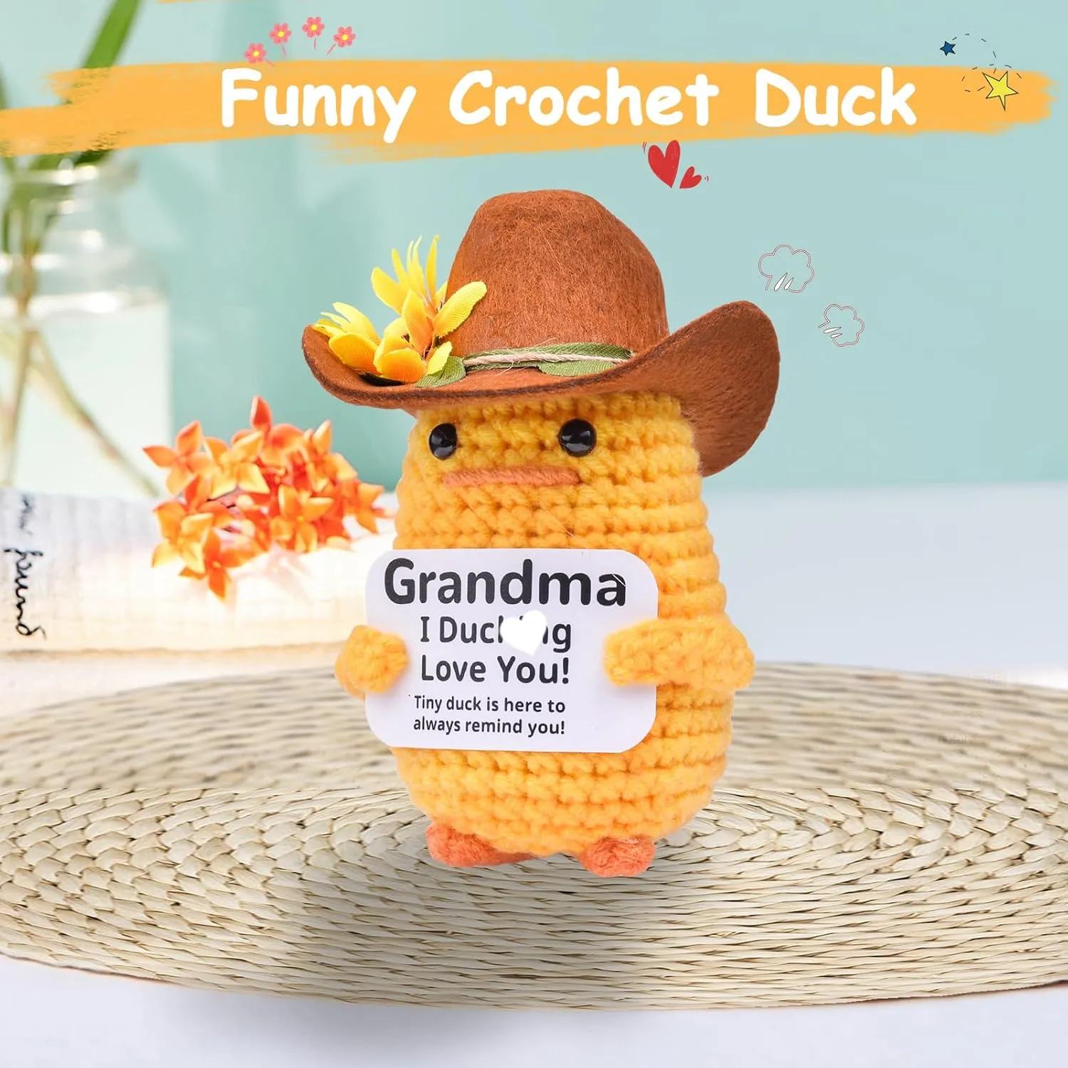 Funny Handmade Crochet Duck, Emotional Support Knitted Duck Inspirational Gifts with Cowboy Hat for Friends Coworkers