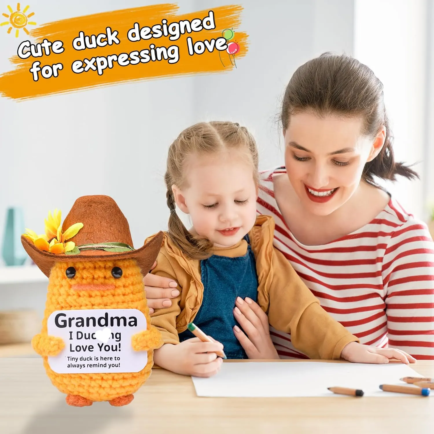 Funny Handmade Crochet Duck, Emotional Support Knitted Duck Inspirational Gifts with Cowboy Hat for Friends Coworkers