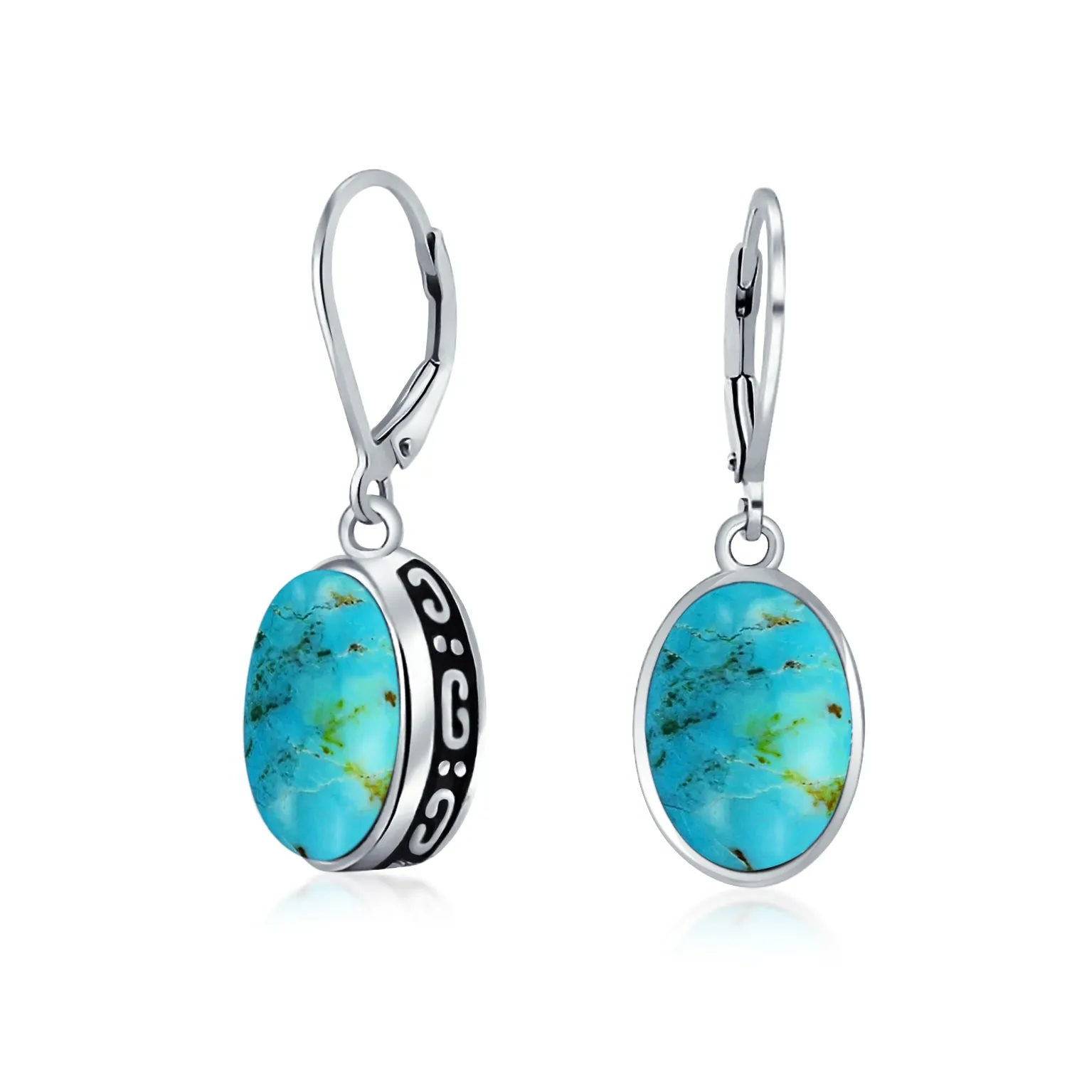 Gemstone Dome Oval Bezel Dangle Western Earrings .925 Silver Lever back