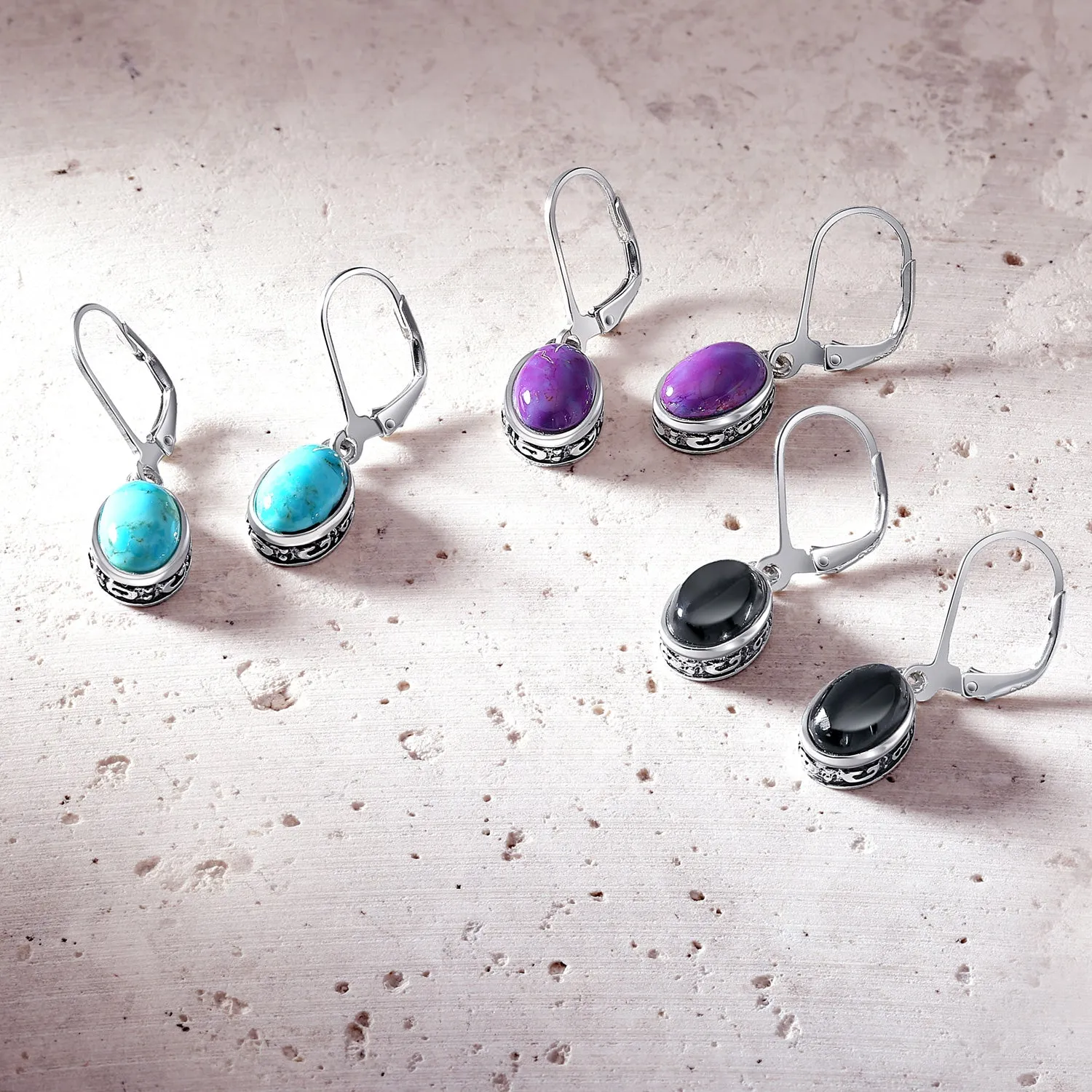Gemstone Dome Oval Bezel Dangle Western Earrings .925 Silver Lever back