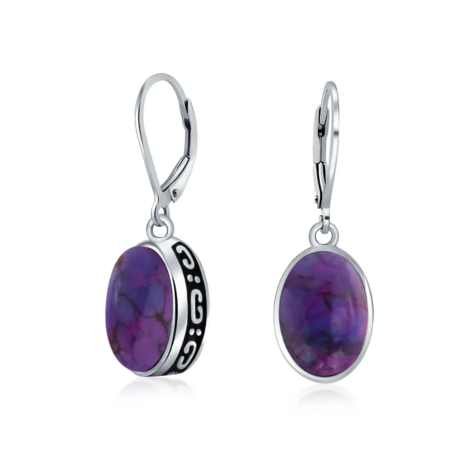 Gemstone Dome Oval Bezel Dangle Western Earrings .925 Silver Lever back