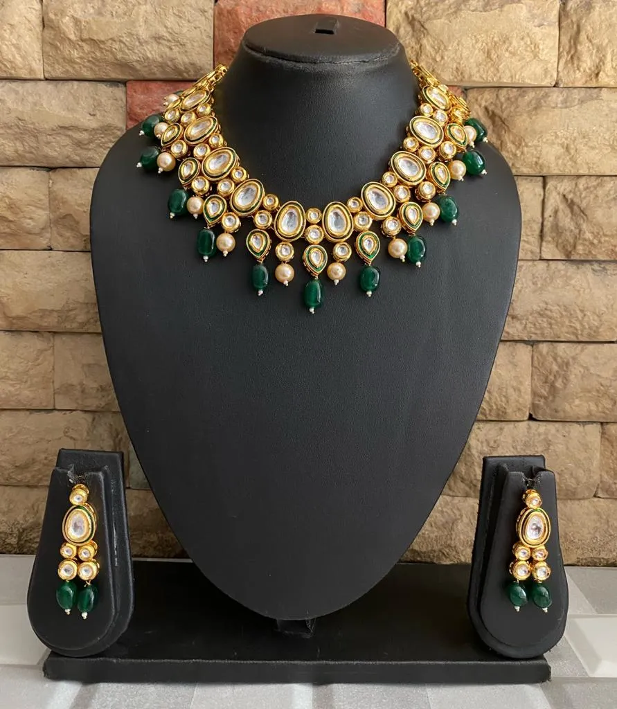 Gold Plated Green Kundan Necklace Set For Weddings Parties By Gehna Shop