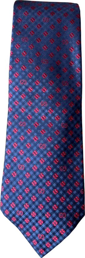 Gucci Blue Navy / Red GG 100% Silk Jacquard Tie
