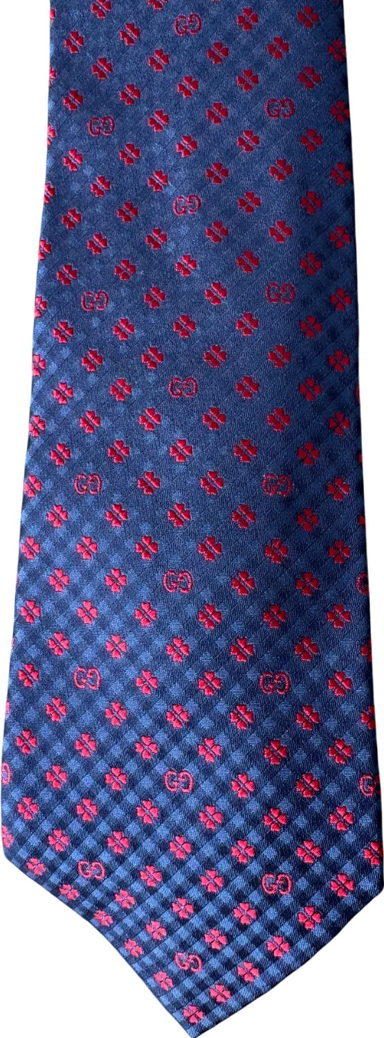 Gucci Blue Navy / Red GG 100% Silk Jacquard Tie
