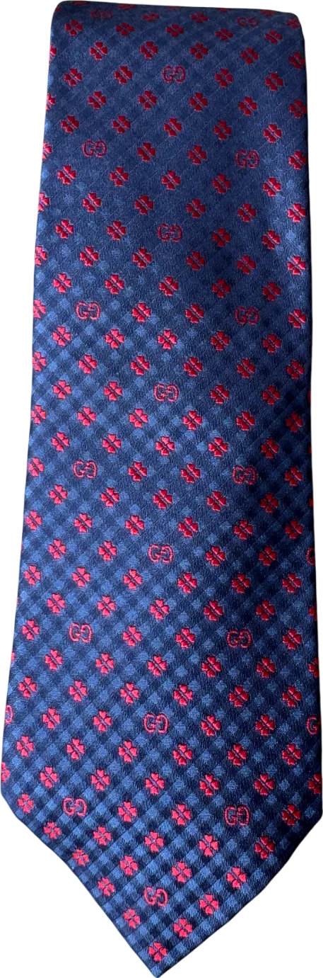 Gucci Blue Navy / Red GG 100% Silk Jacquard Tie
