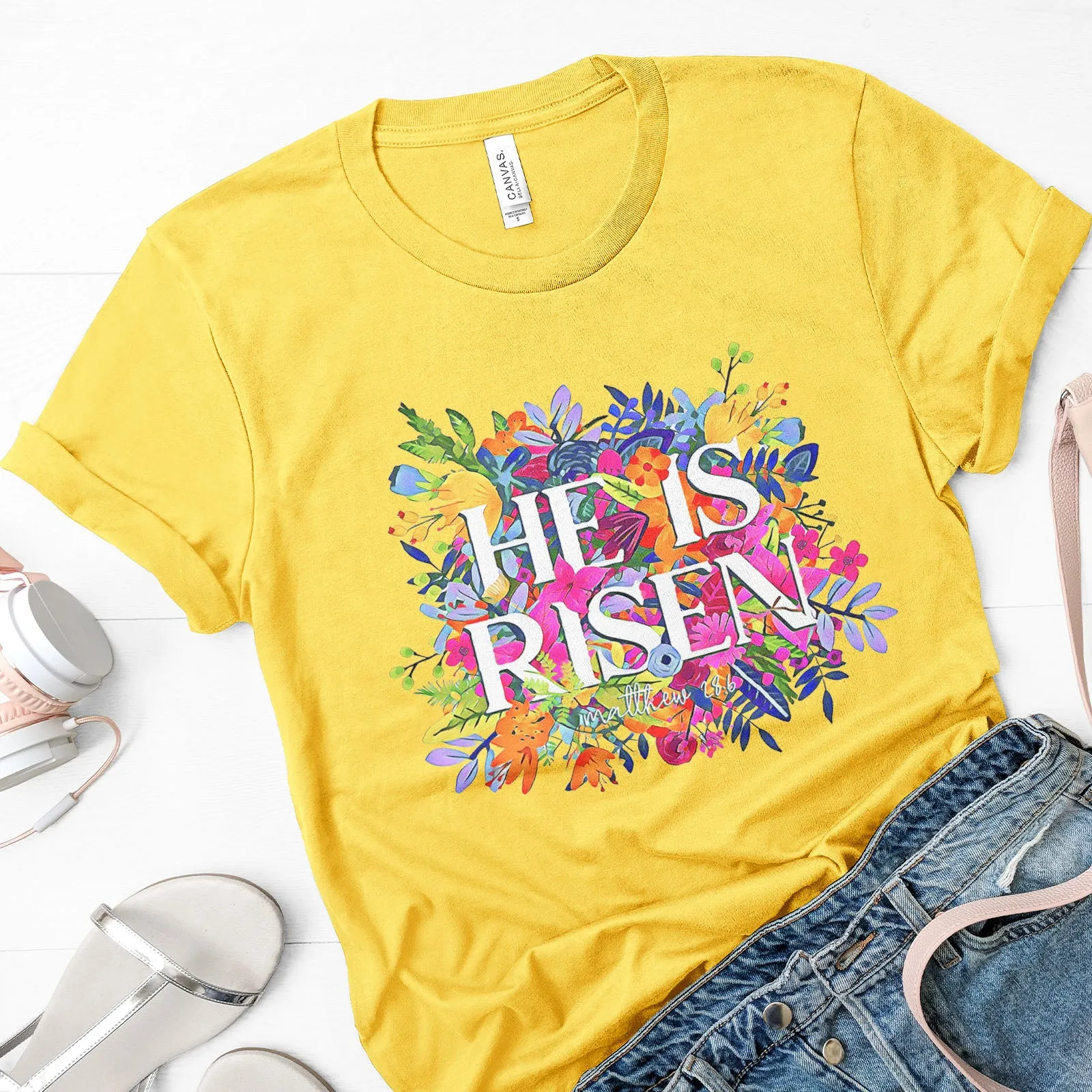 He Is Risen Bright Easter Flowers Tee