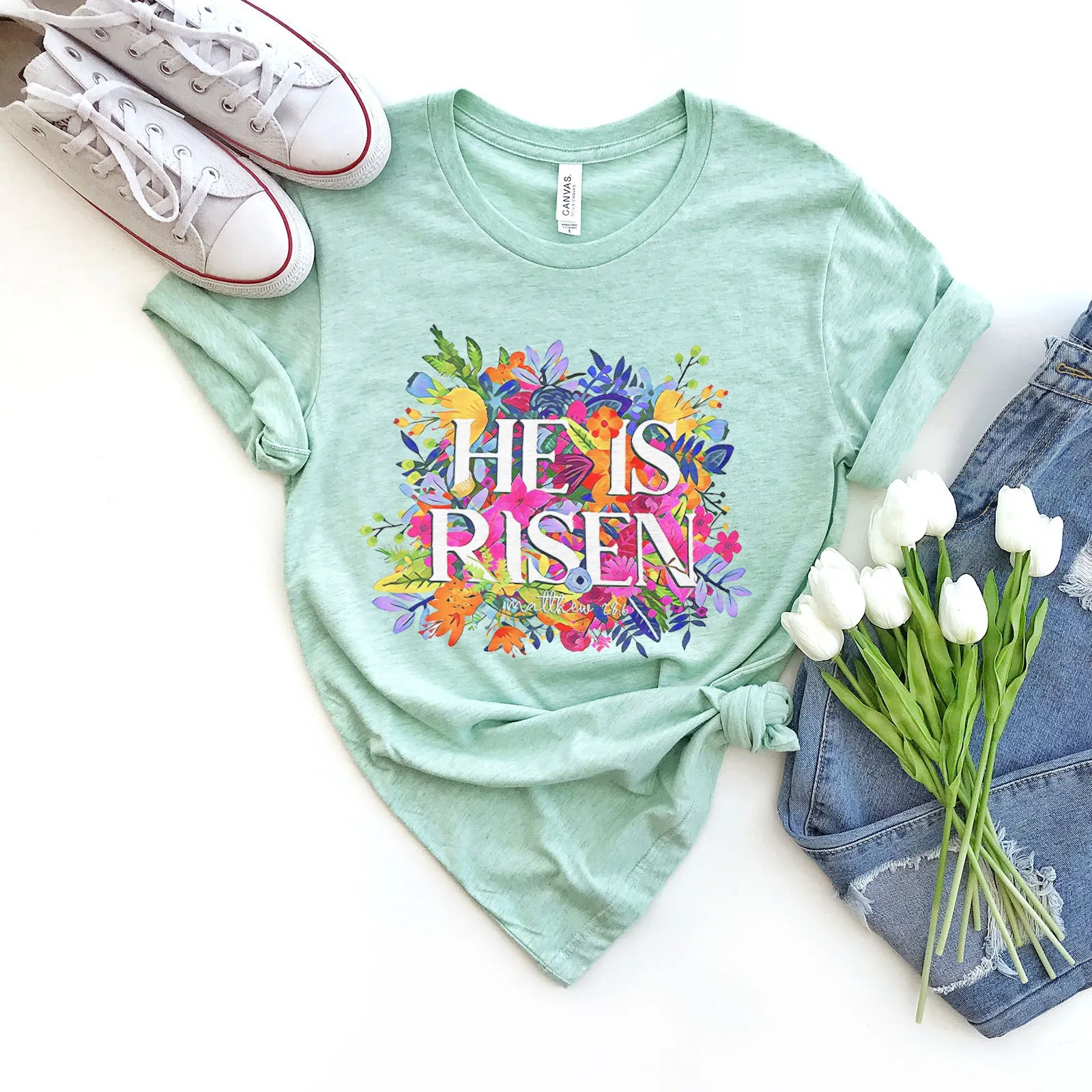 He Is Risen Bright Easter Flowers Tee