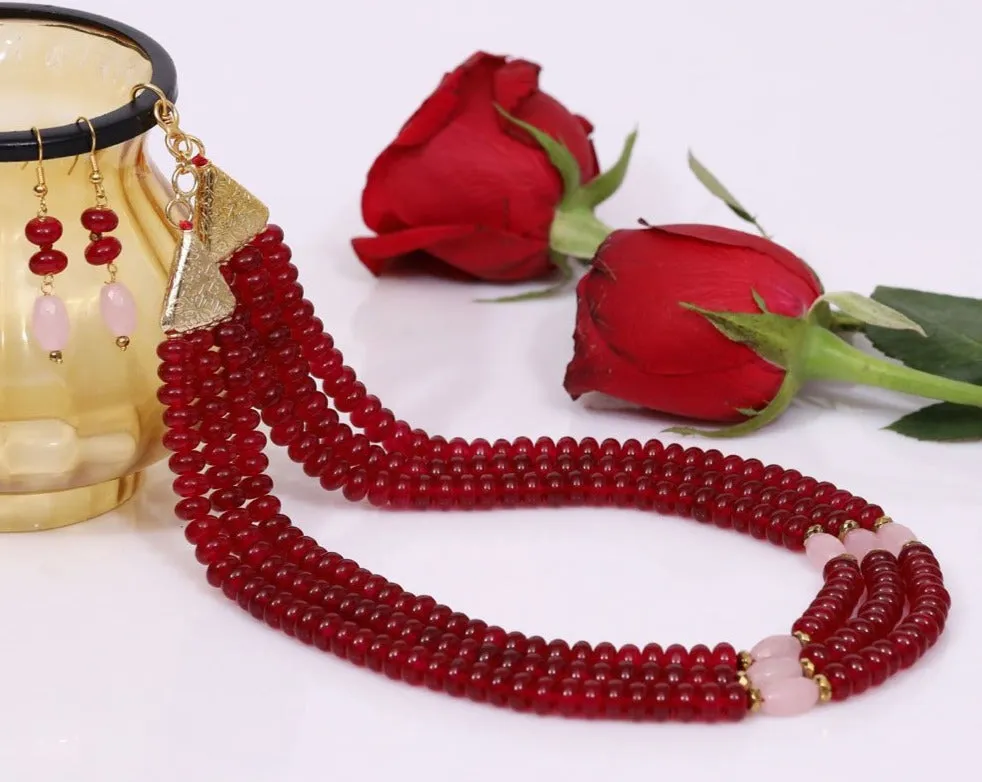 Imeora Tripple Line Maroon Quartz Necklace Set