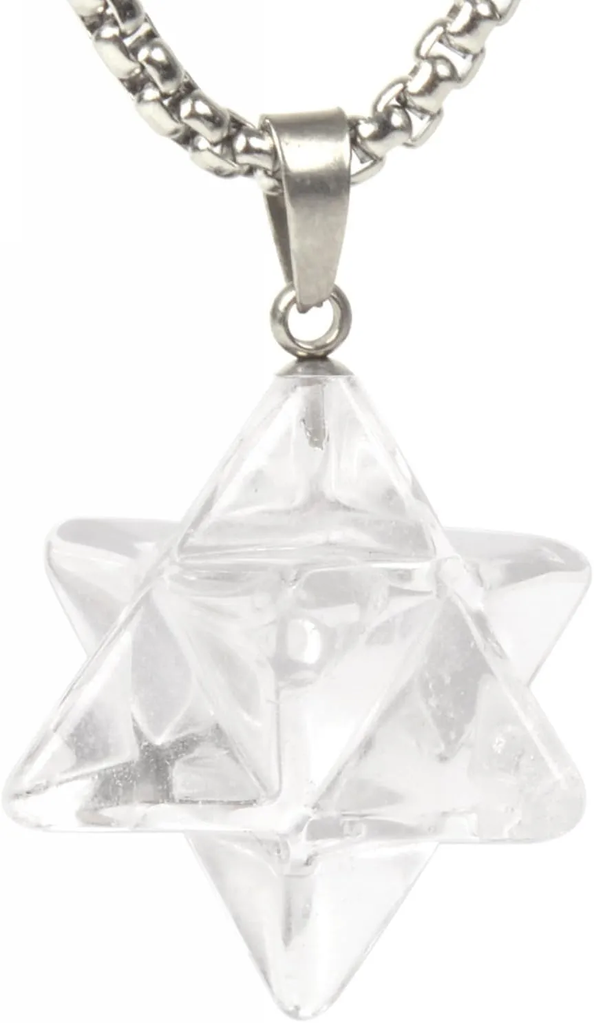 Justinstones Gemstone Carved 25mm Merkaba Star Crystal Sacred Healing Pendant Necklace 20 Inch