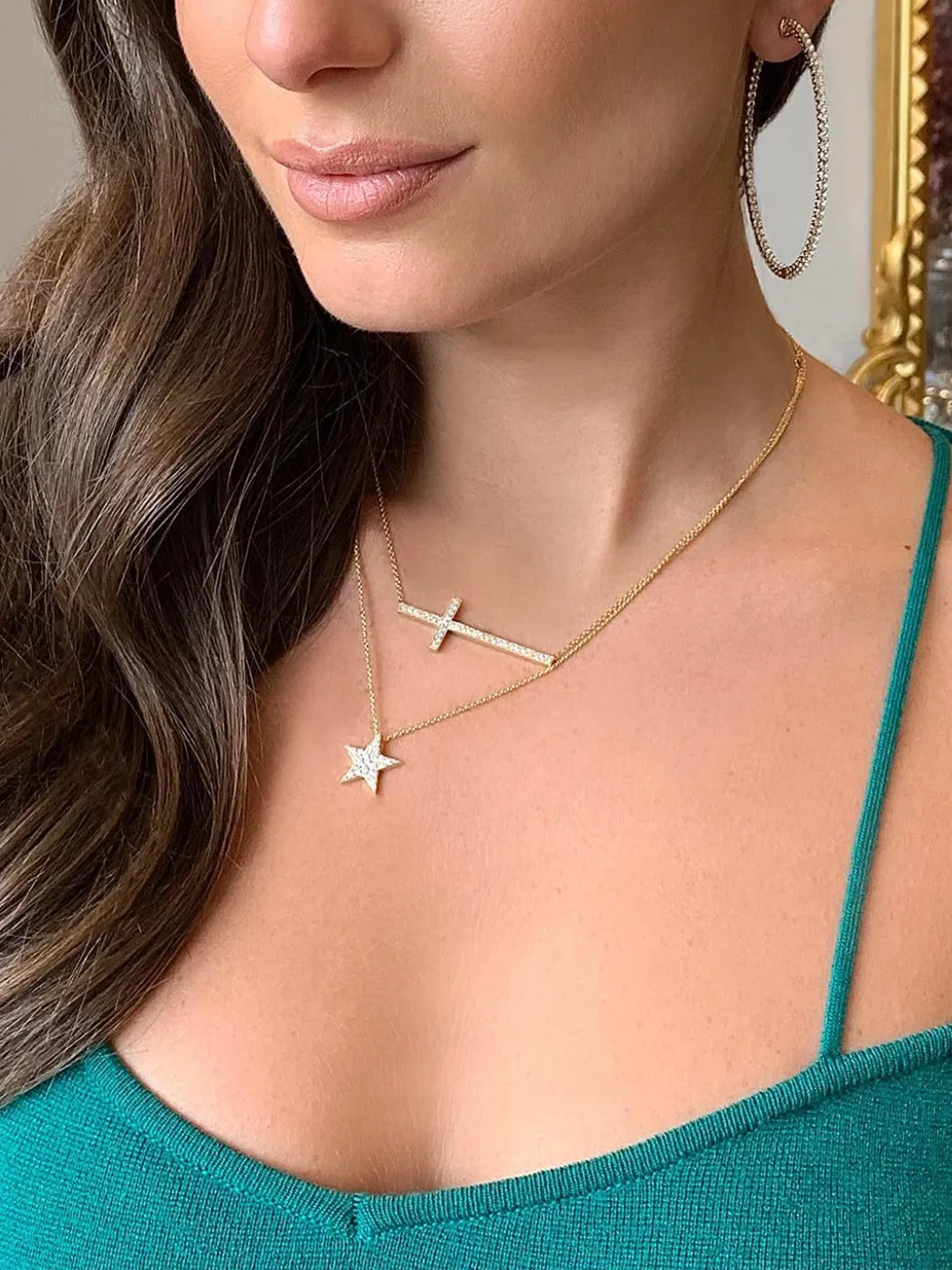 Large Gold & Diamond Side Cross Necklace
