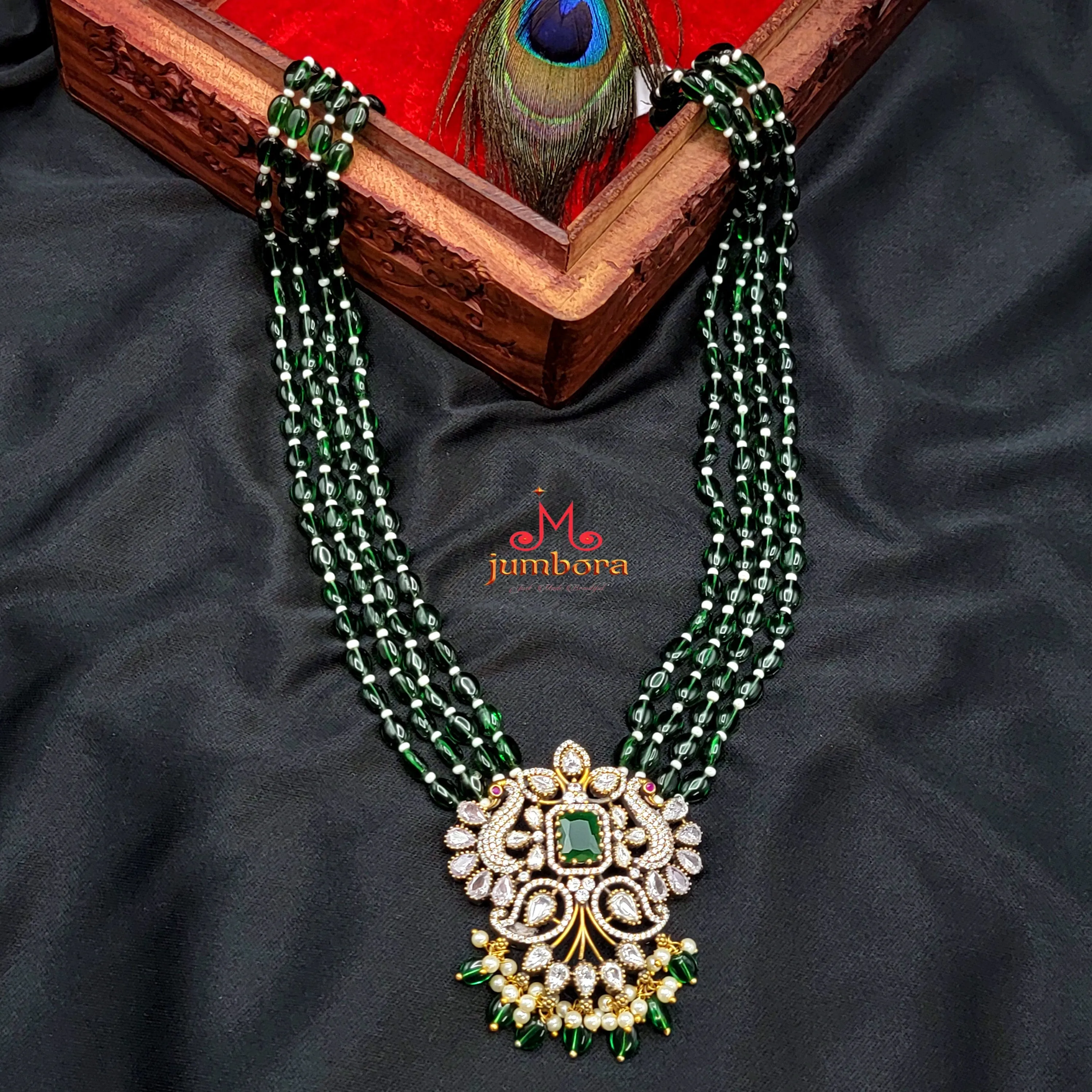 Long AD Zircon Victorian Pendant with Green Monalisa Beads Necklace Set