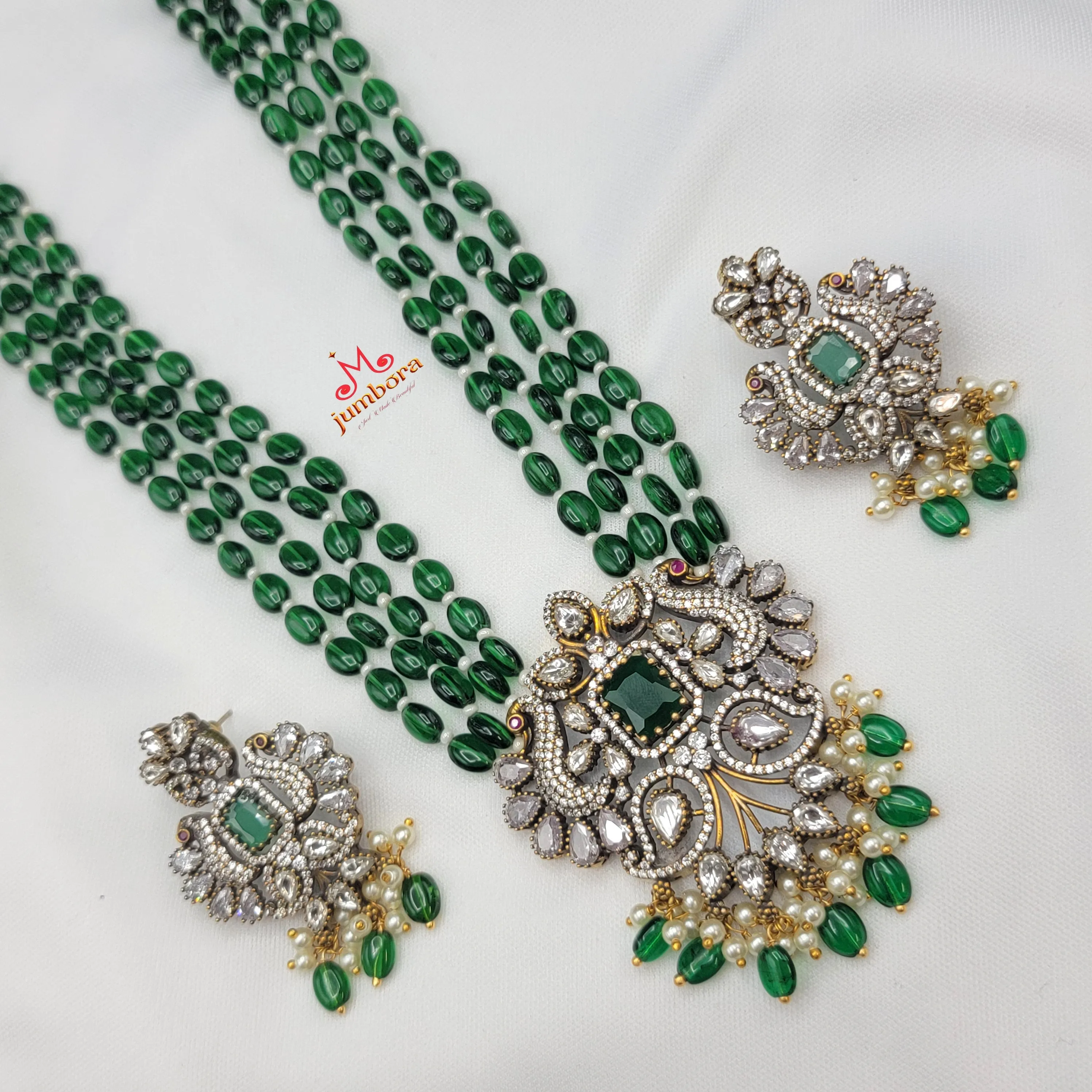 Long AD Zircon Victorian Pendant with Green Monalisa Beads Necklace Set