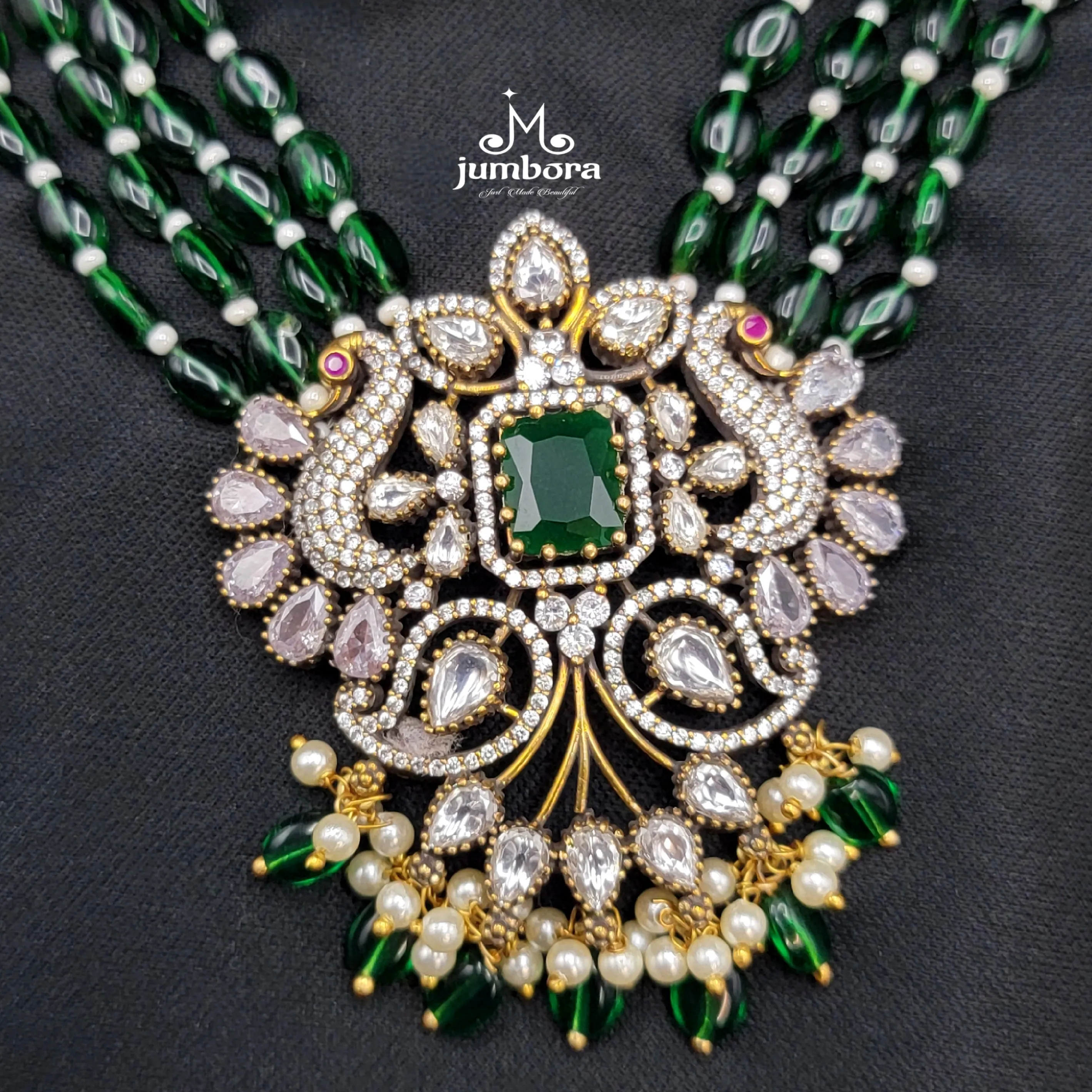 Long AD Zircon Victorian Pendant with Green Monalisa Beads Necklace Set