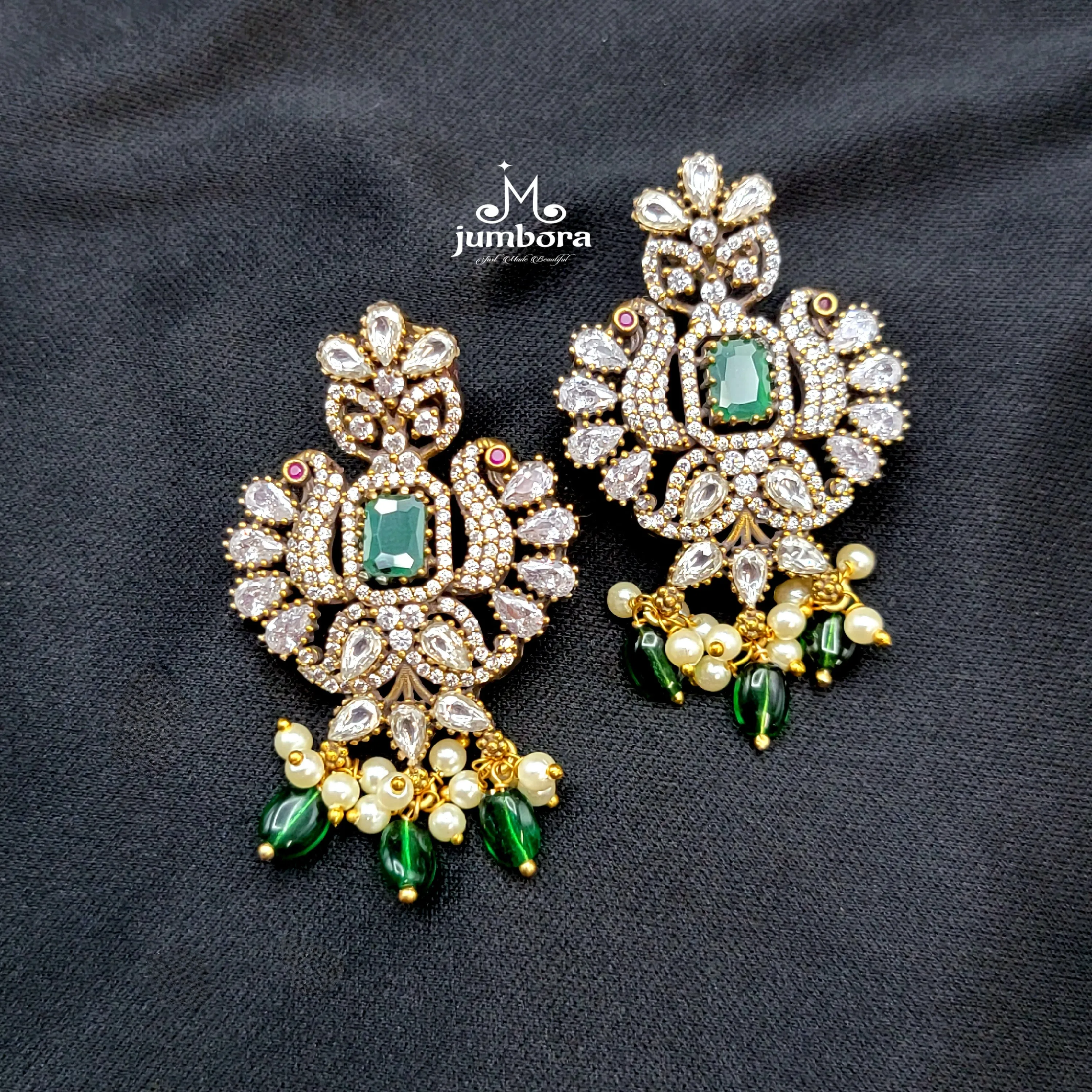 Long AD Zircon Victorian Pendant with Green Monalisa Beads Necklace Set
