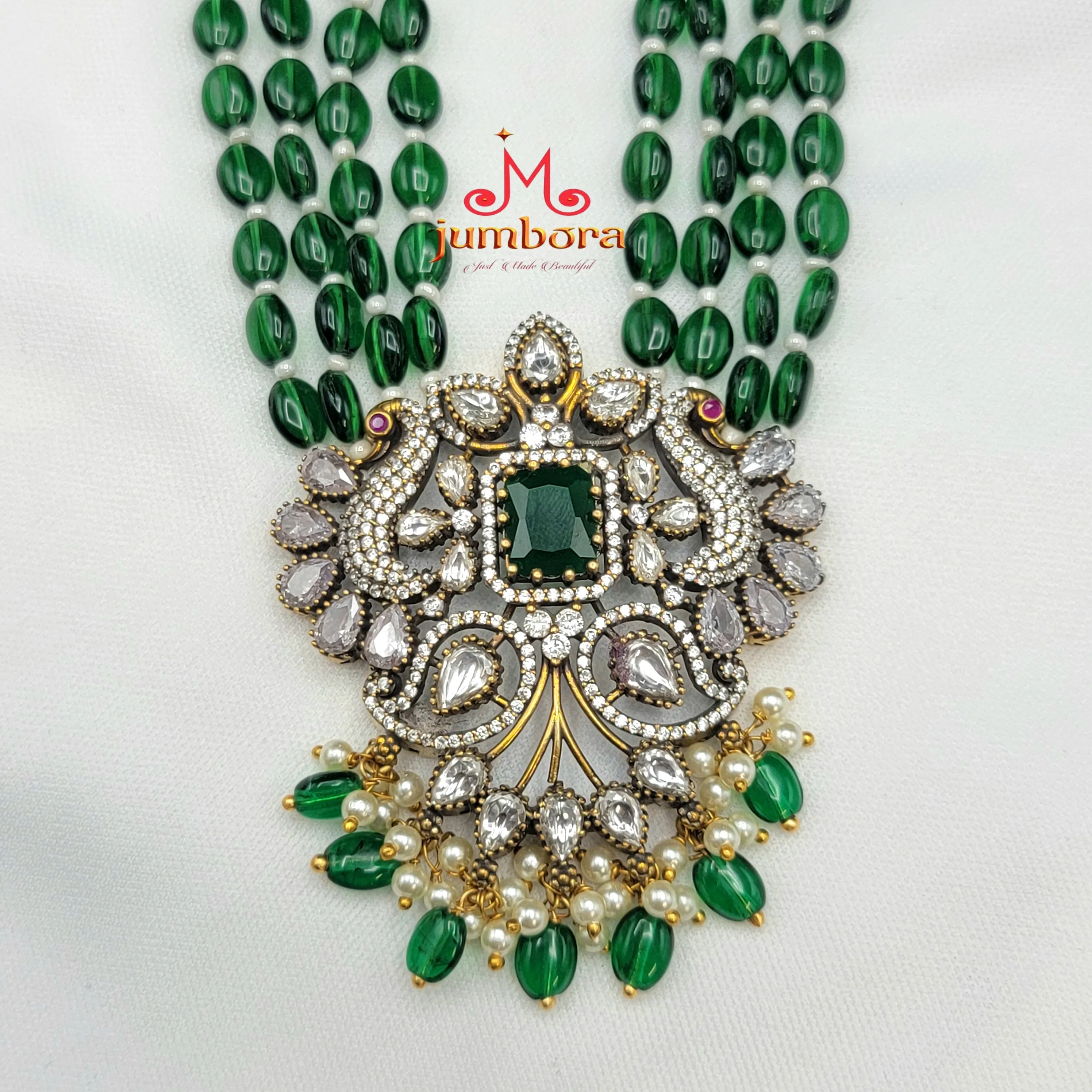Long AD Zircon Victorian Pendant with Green Monalisa Beads Necklace Set
