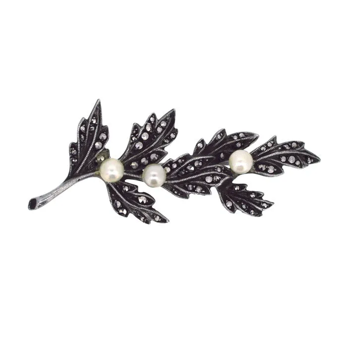 Marcasite & Pearl Leaf Brooch