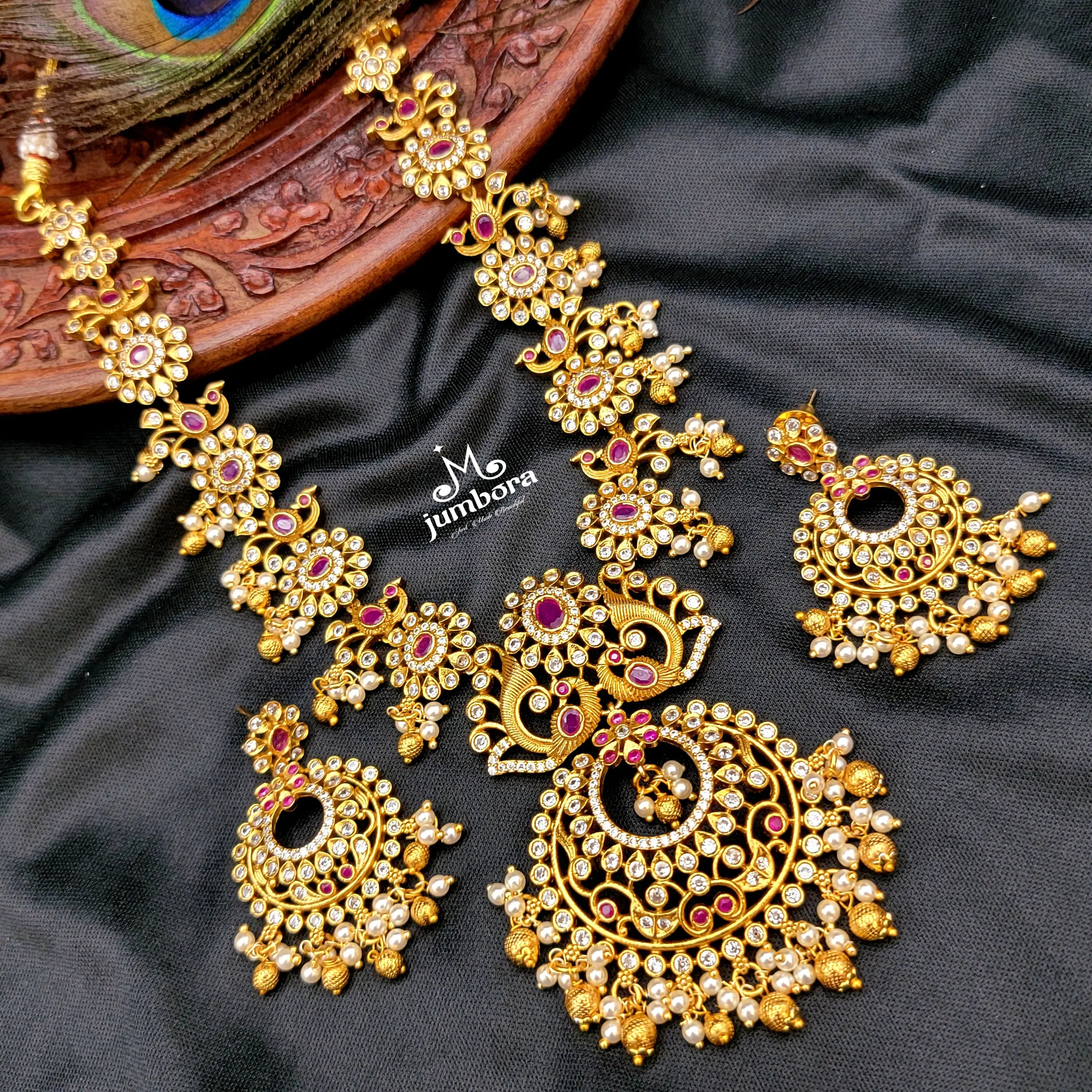 Matte Gold Red & White AD Zircon Guttapusalu Necklace set